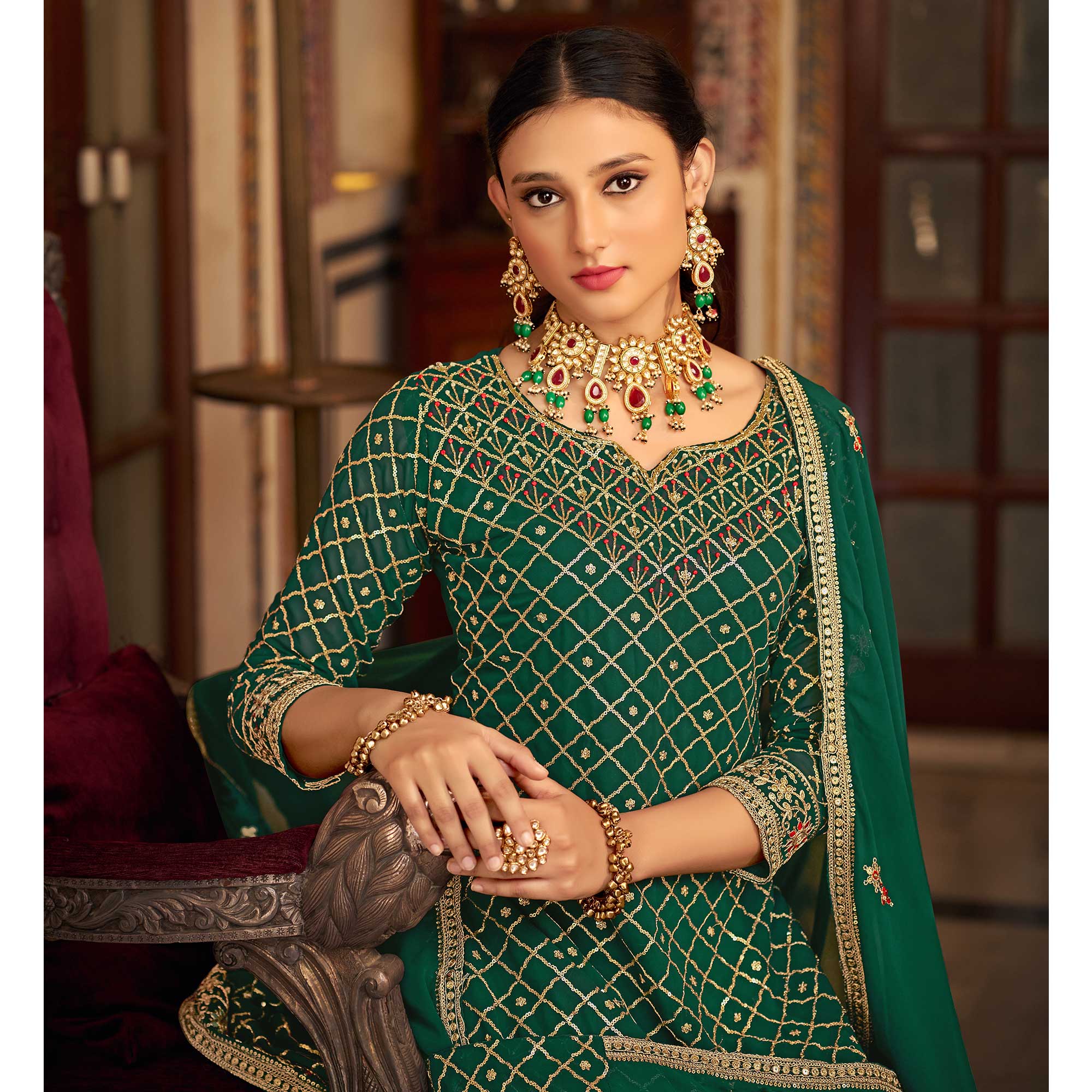 Green Sequins Embroidered Chinon Semi Stitched Suit