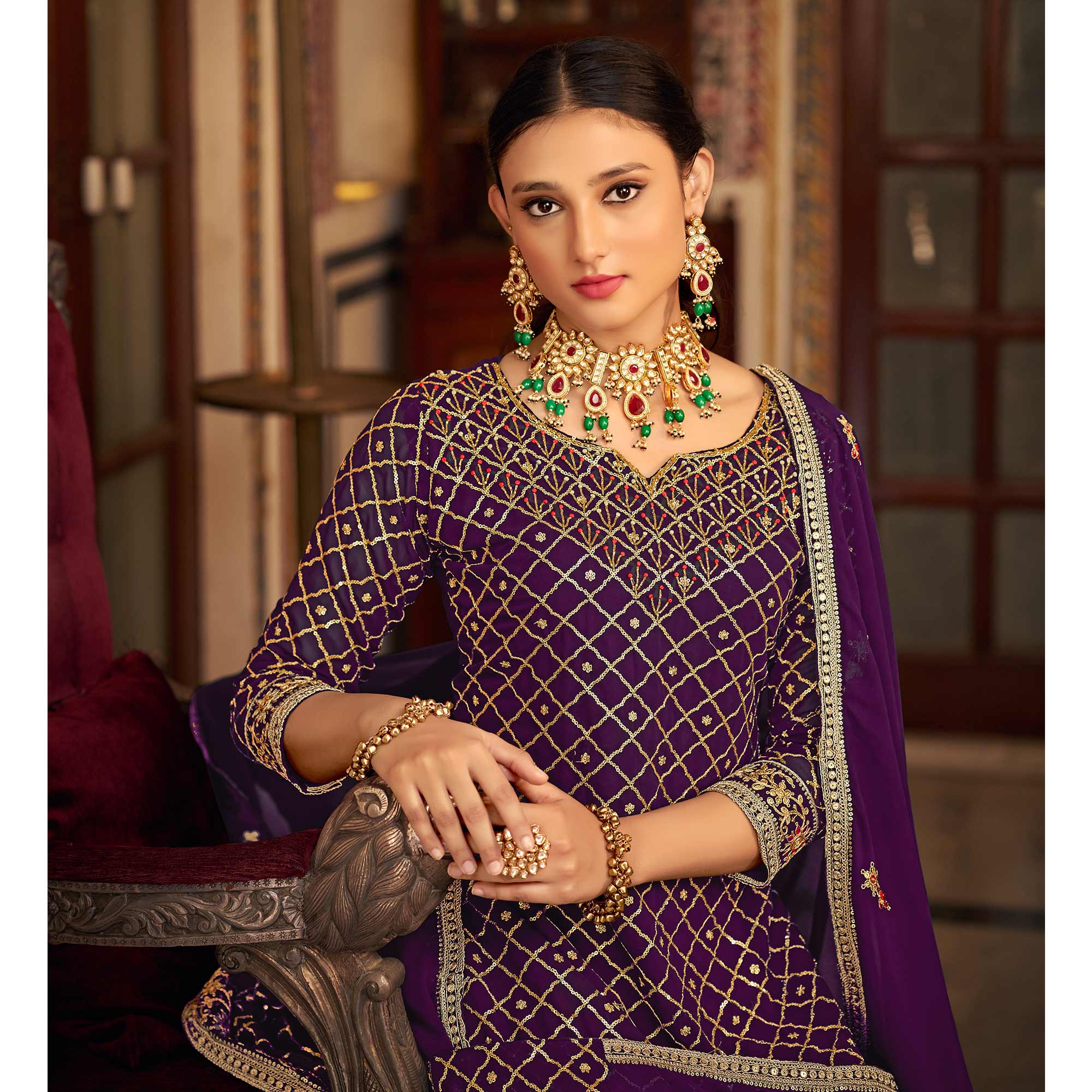 Purple Sequins Embroidered Chinon Semi Stitched Suit