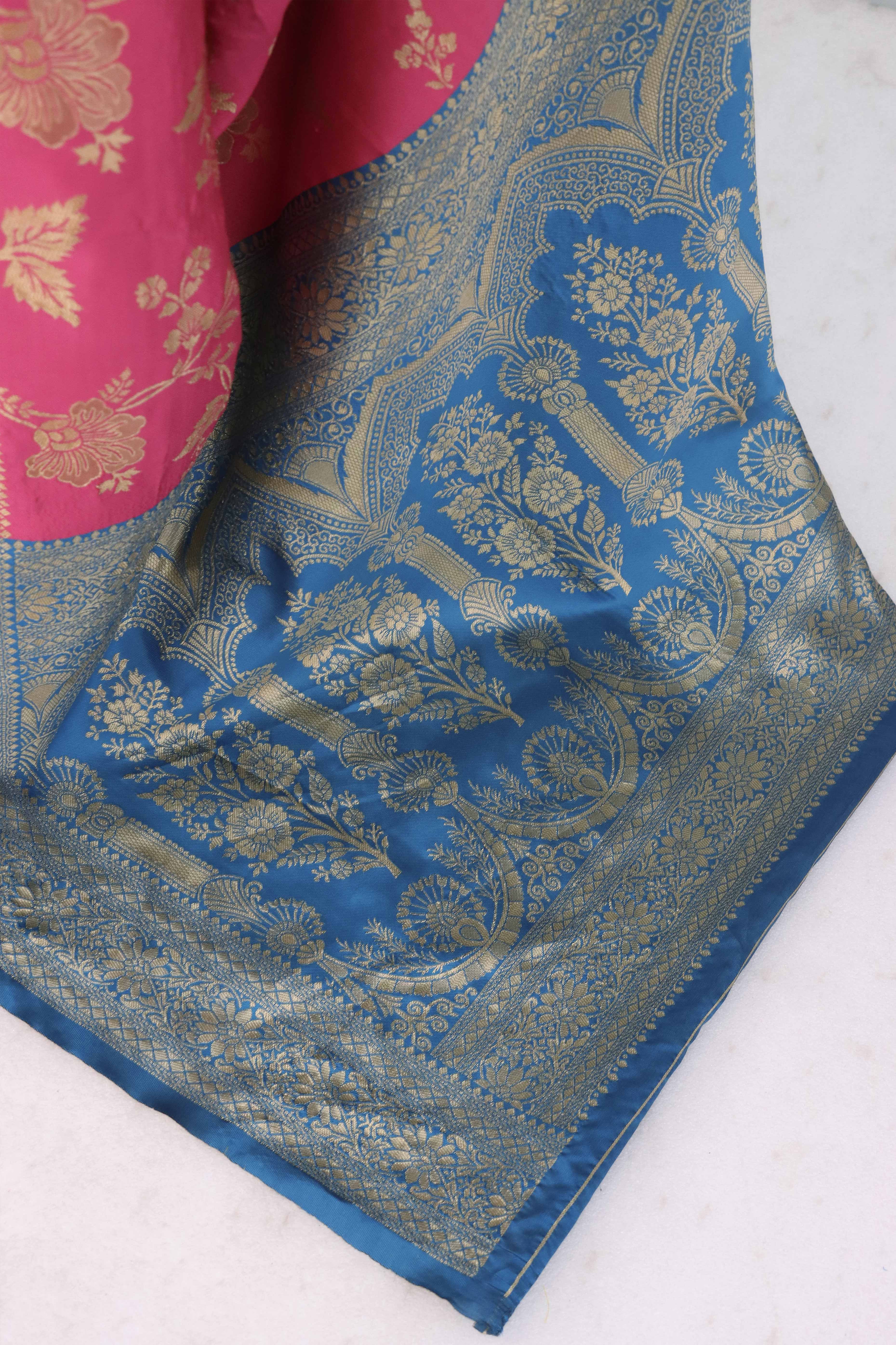 Graceful Pink & Blue Banarasi Silk Saree Featuring Intricate Floral Zari Weaving Work