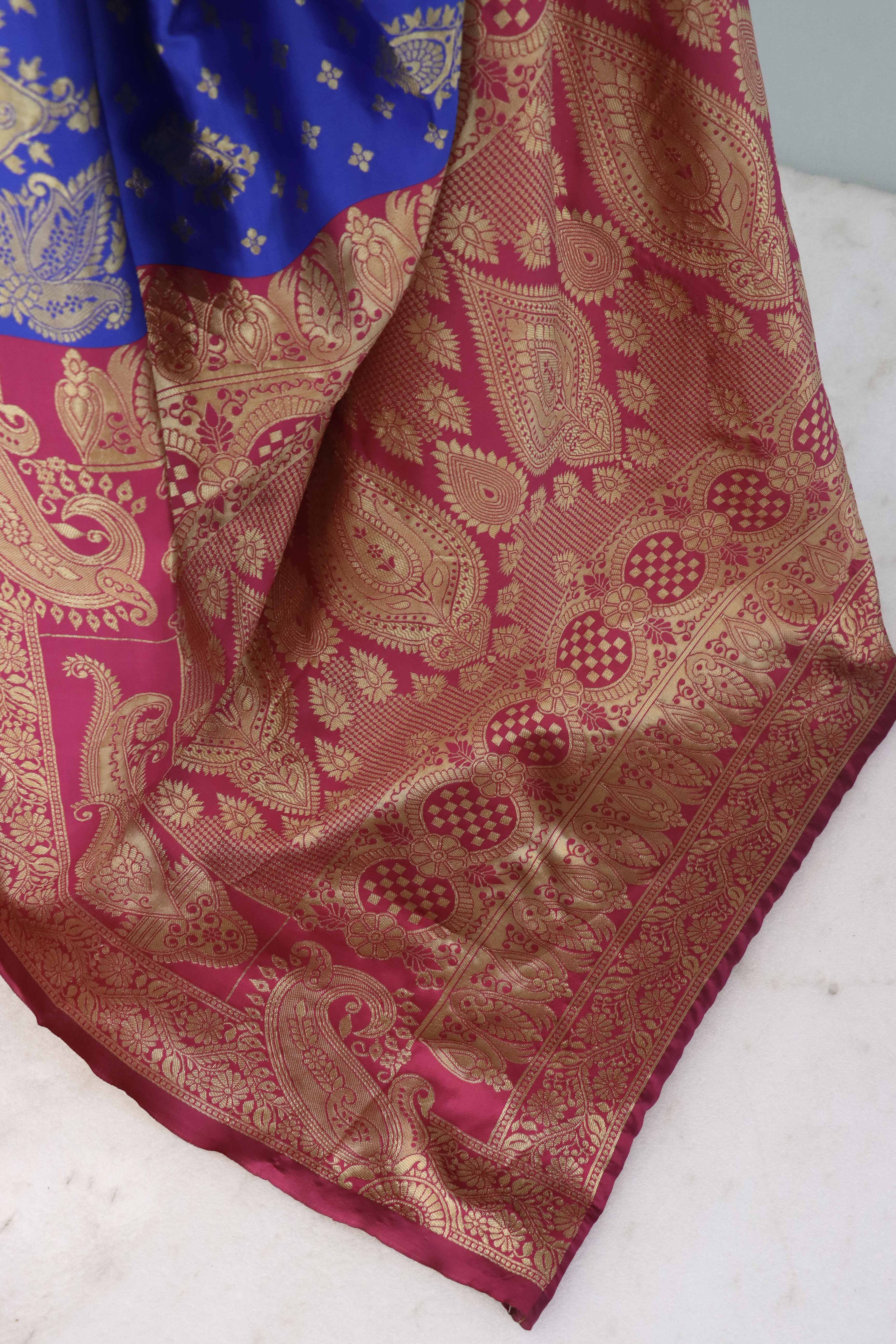 Classic Royal Blue & Pink Silk Banarasi Saree Showcasing Delicate Floral Zari Weaving