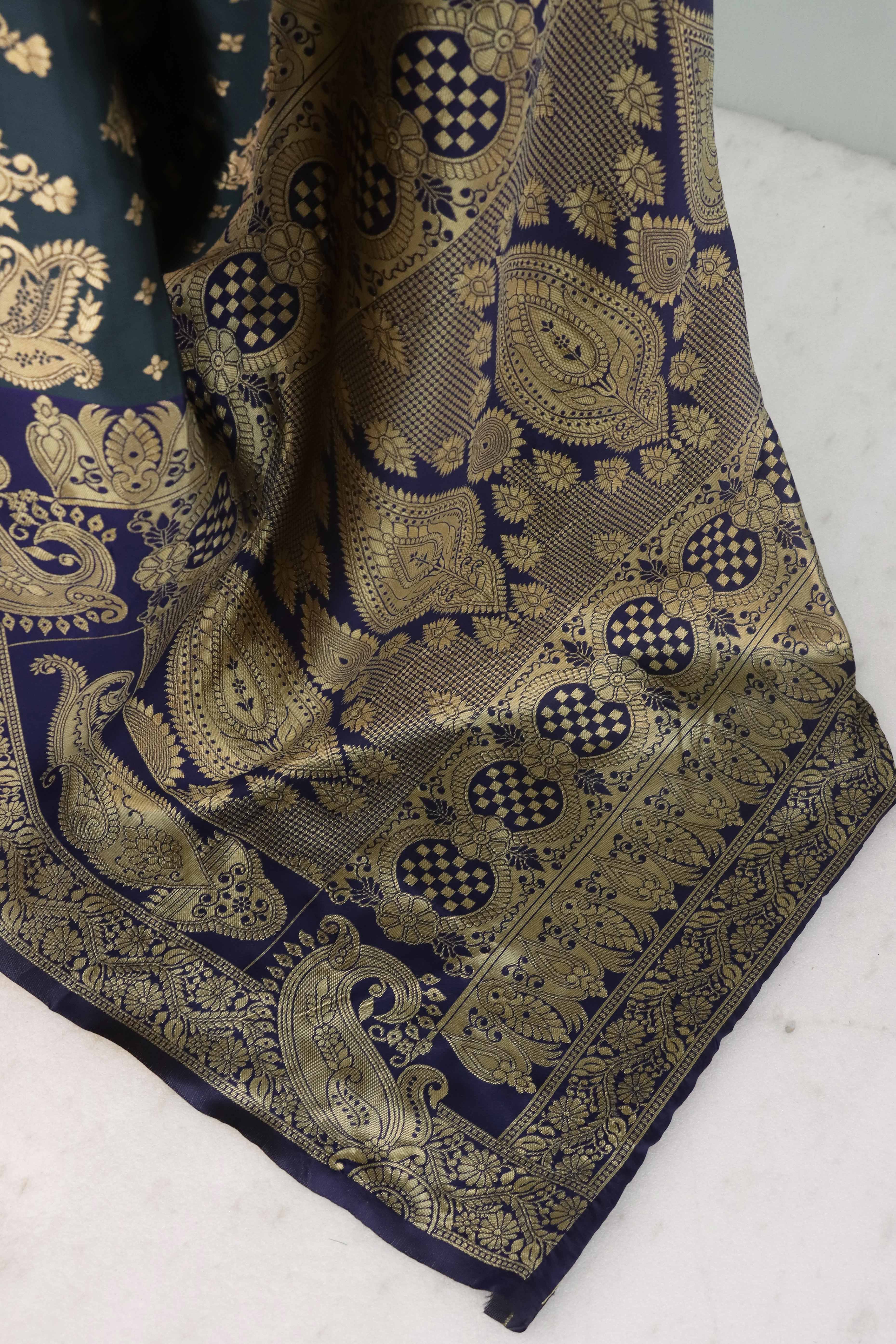 Classic Dark Teal Silk Banarasi Saree Showcasing Delicate Floral Zari Weaving