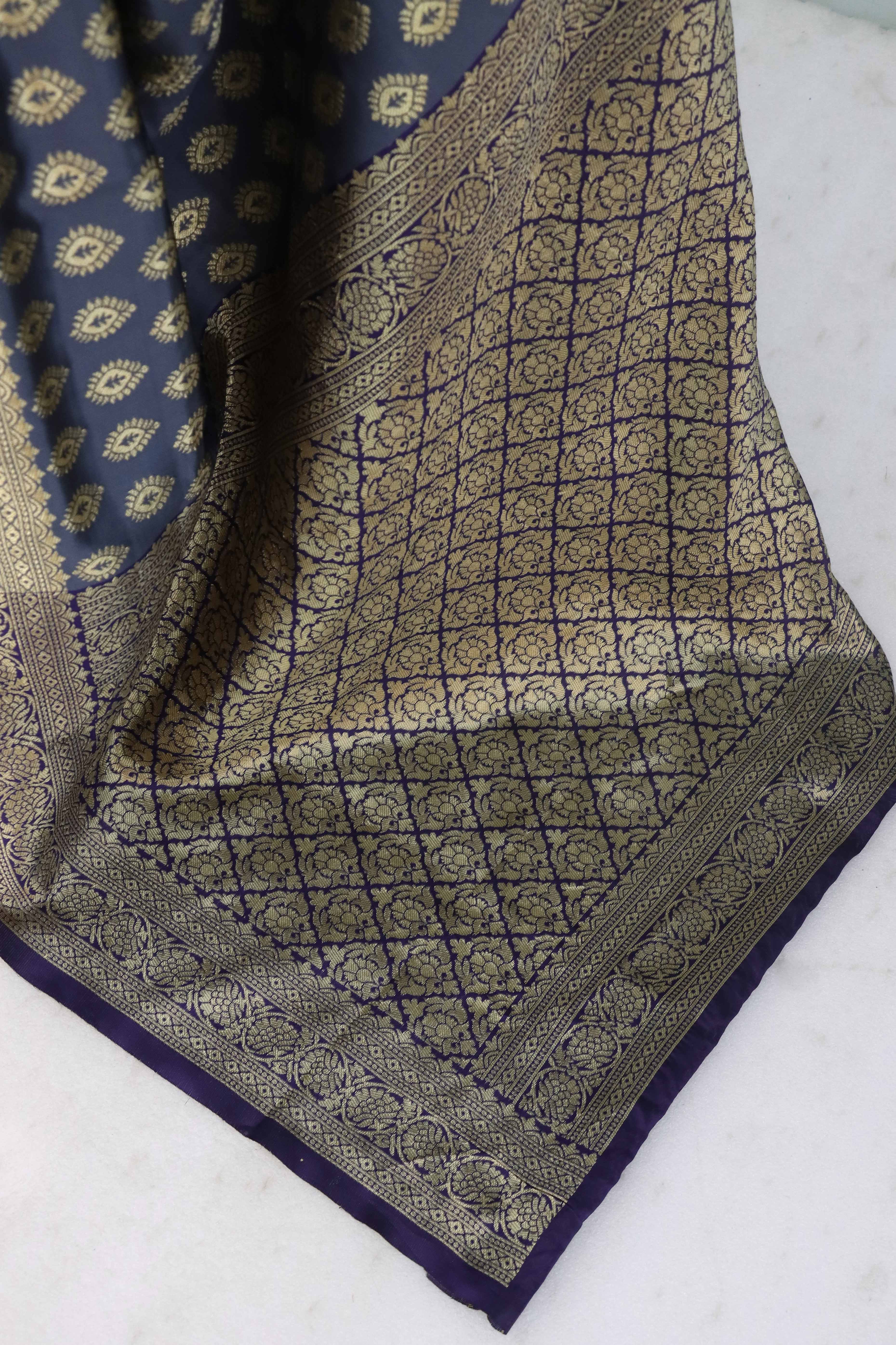 Grey Floral Zari Woven Banarasi Silk Saree For Timeless Elegance