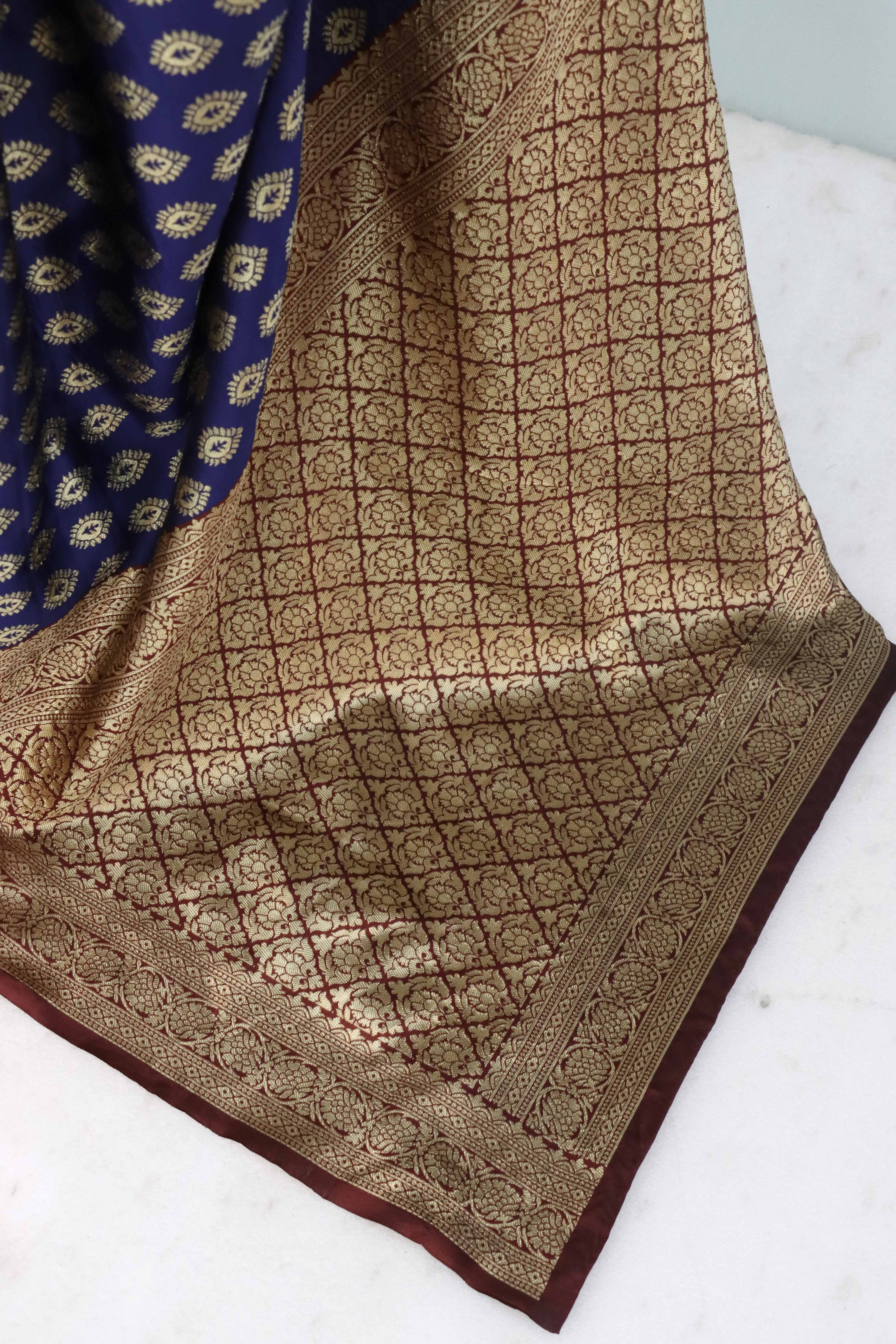 Navy Blue Floral Zari Woven Banarasi Silk Saree For Timeless Elegance