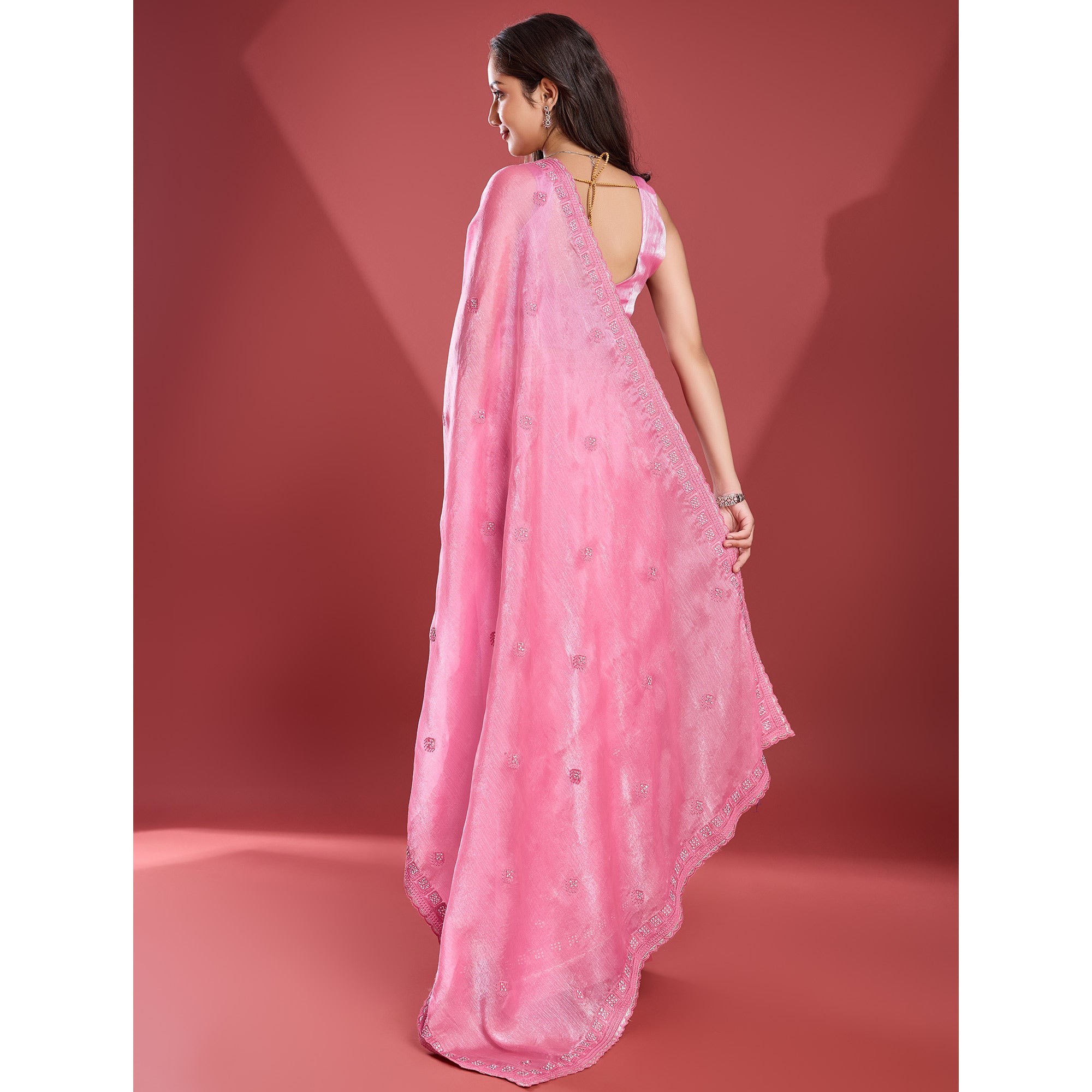 Pink Embroidered Work Tissue Saree