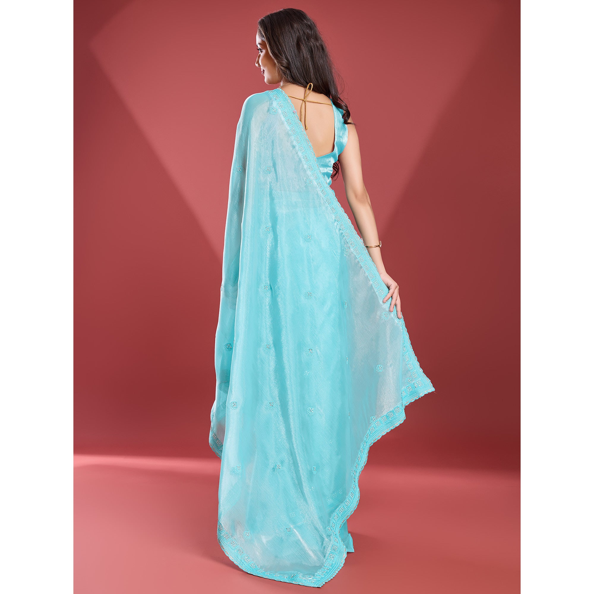 Turquoise Embroidered Work Tissue Saree