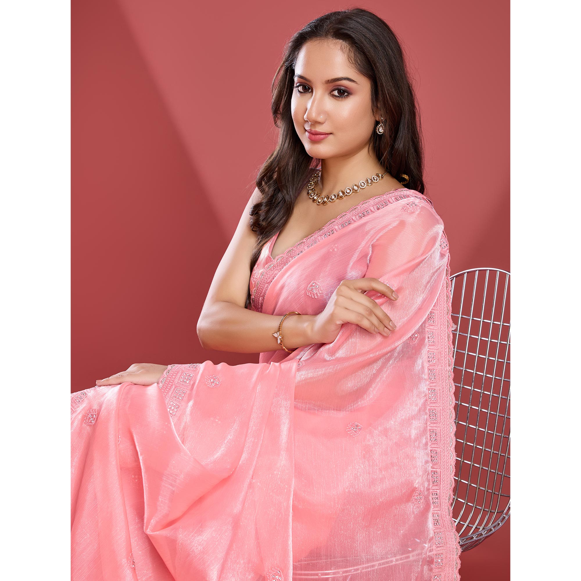 Peach Embroidered Work Tissue Saree