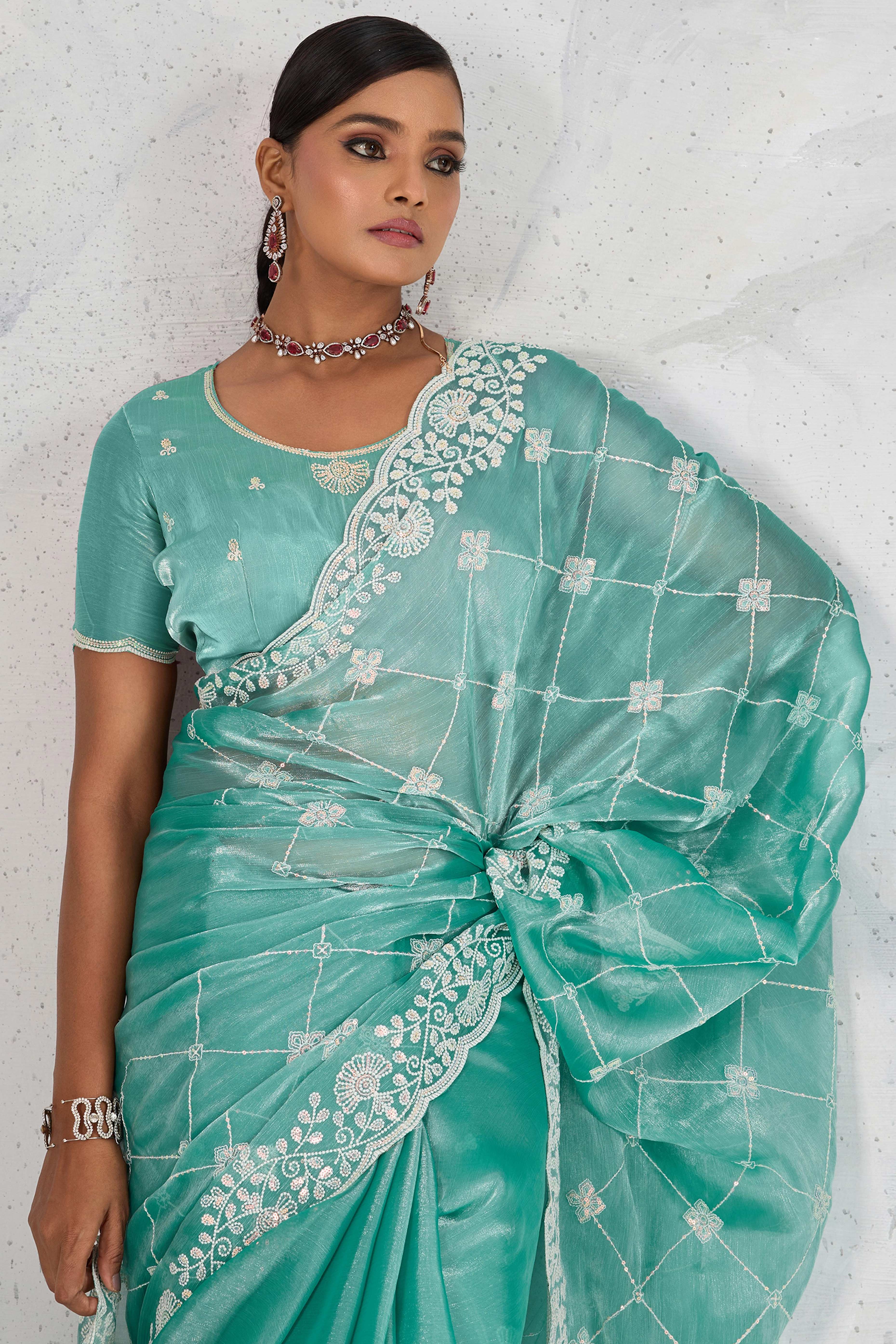 Turquoise Silk Saree with Dazzling Sequin Embroidery
