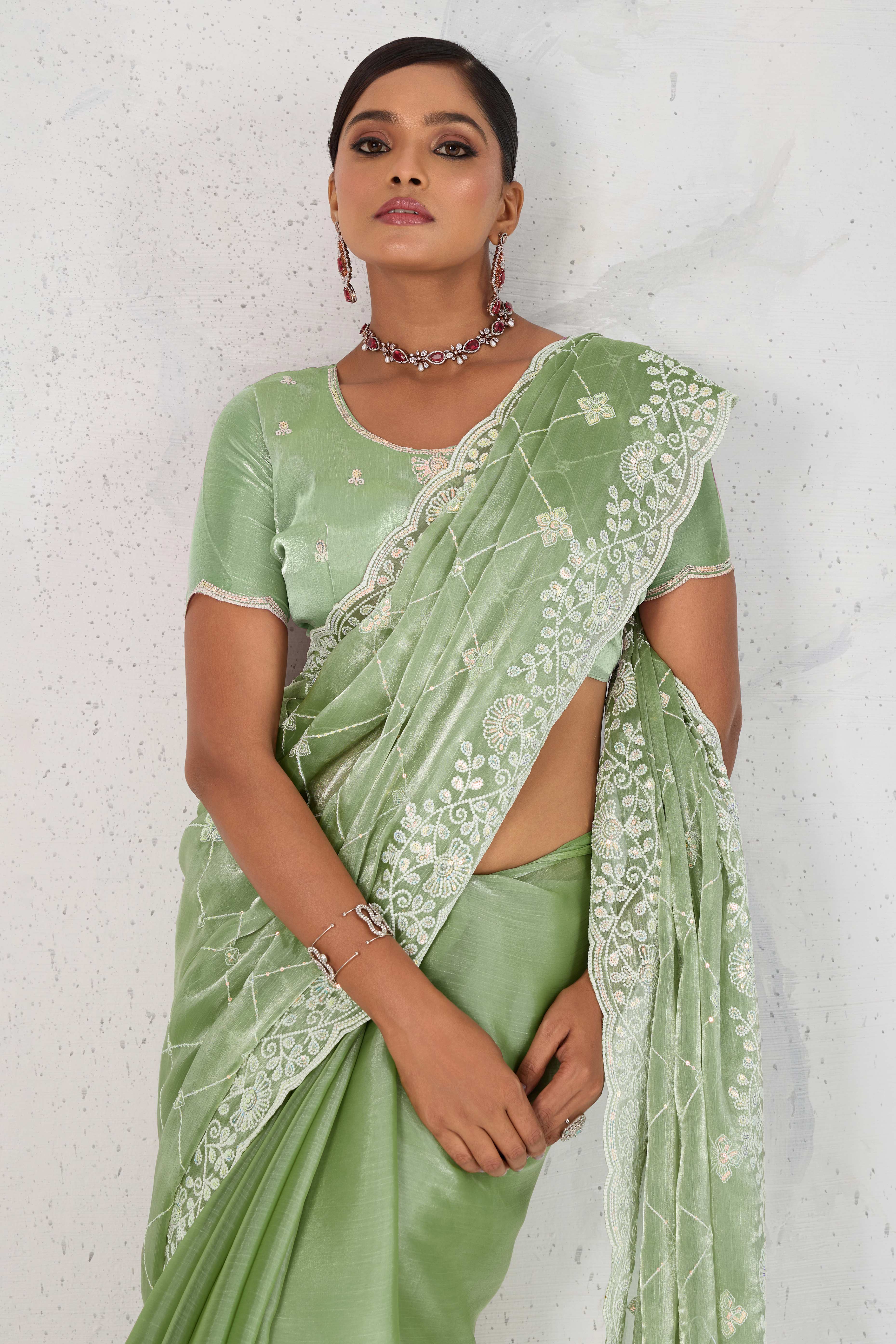 Green Silk Saree with Dazzling Sequin Embroidery