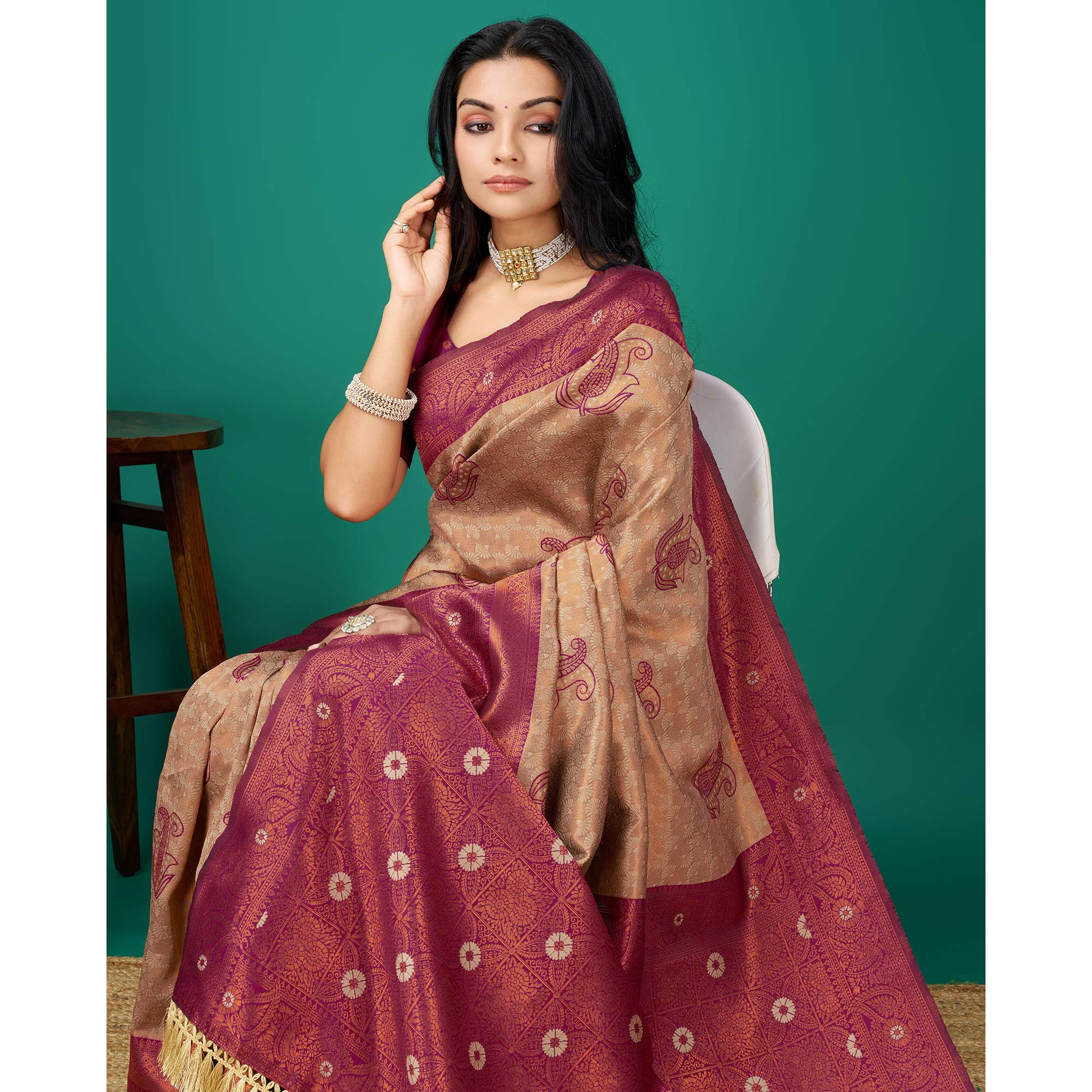 Chikoo Zari Woven Banarasi Silk Saree With Tassels