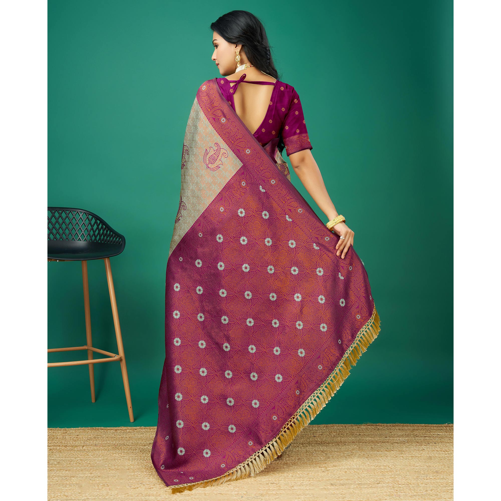 Light Copper & Grey Zari Woven Banarasi Silk Saree With Tassels