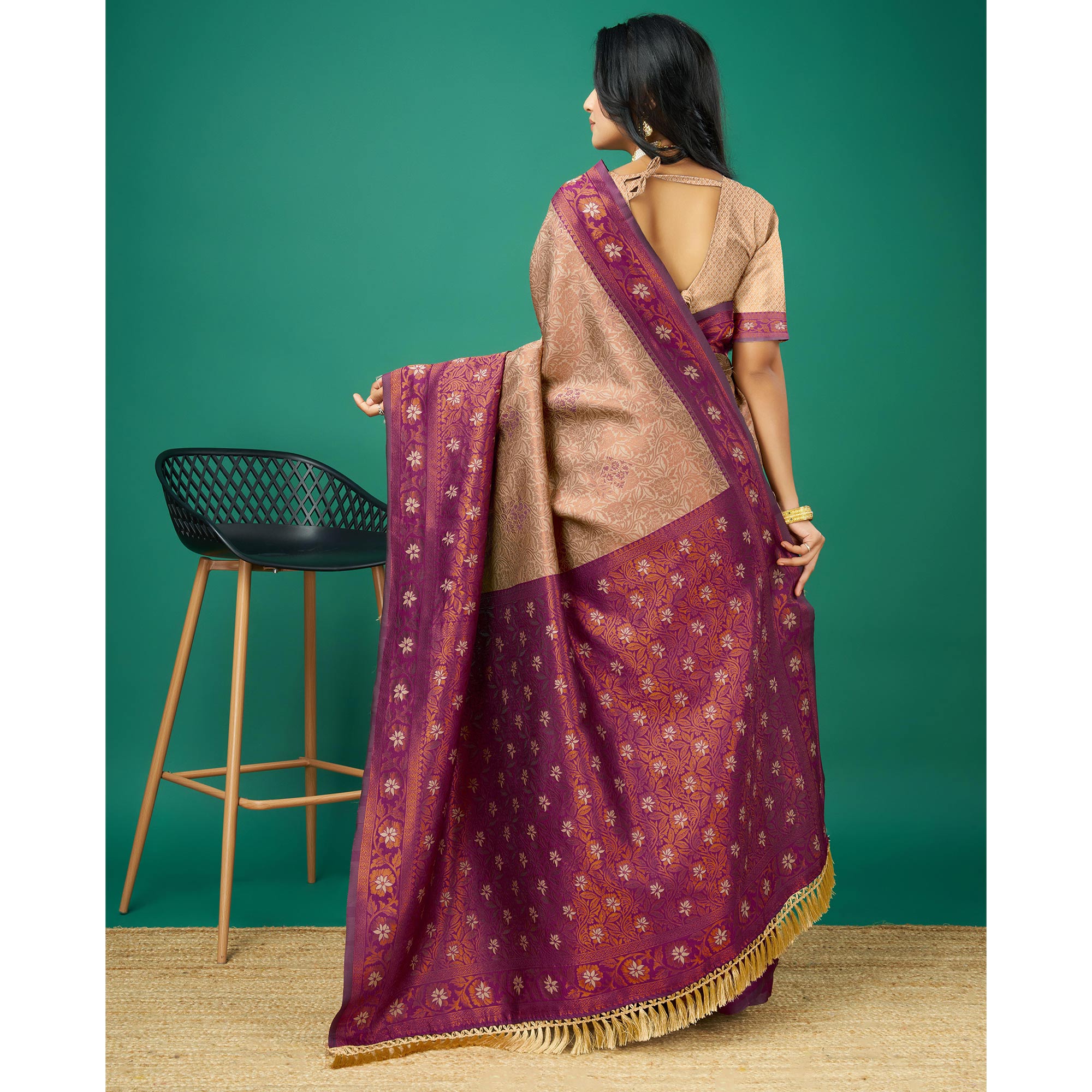 Chikoo Zari Woven Banarasi Silk Saree With Tassels