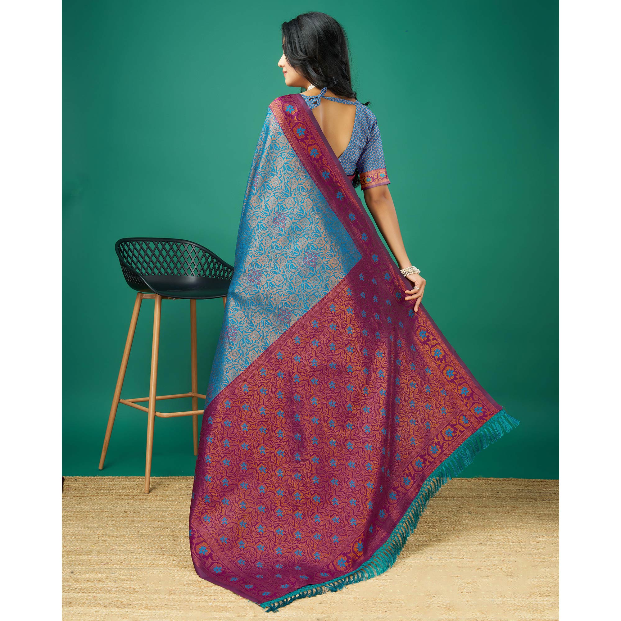 Blue Zari Woven Banarasi Silk Saree With Tassels