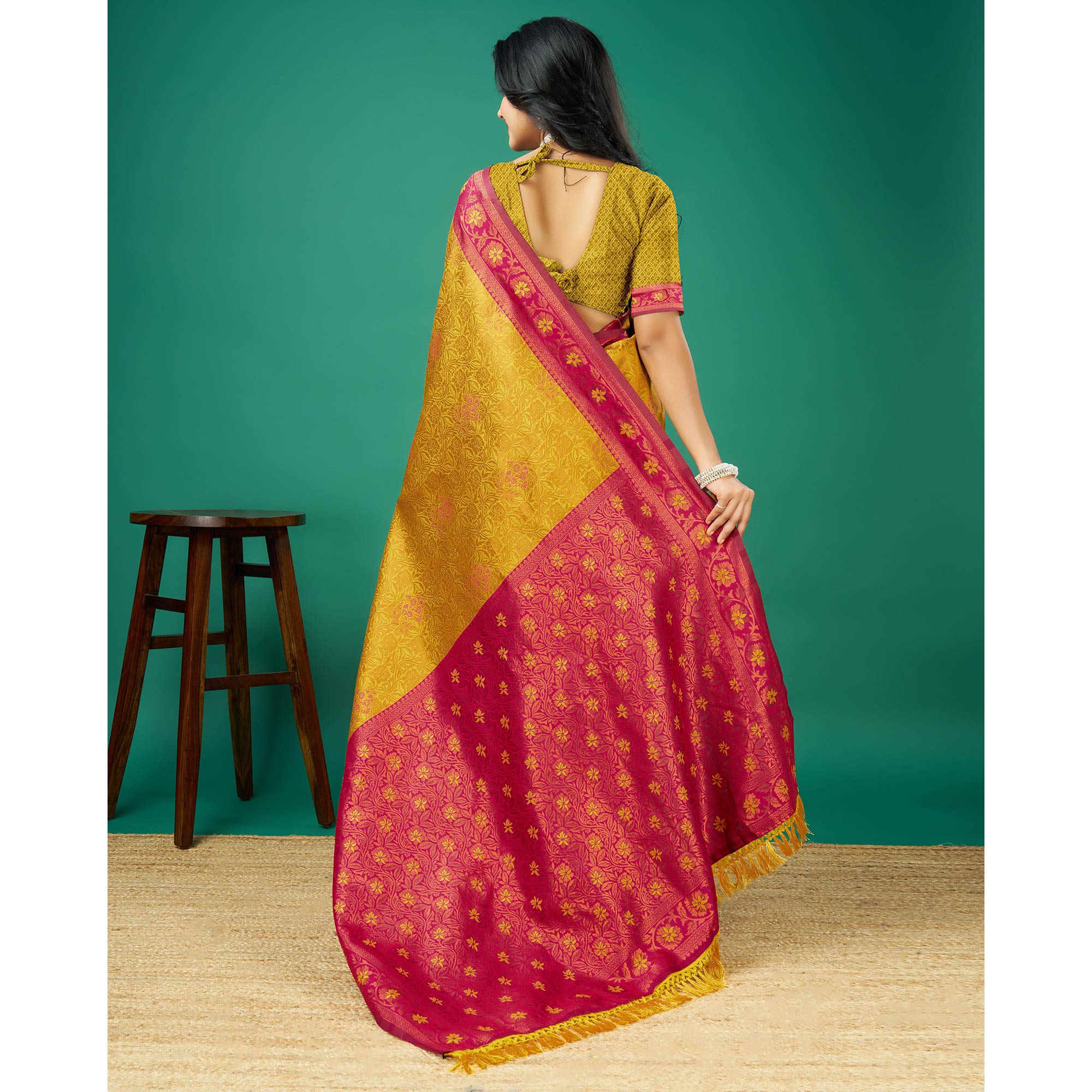 Gold Zari Woven Banarasi Silk Saree With Tassels