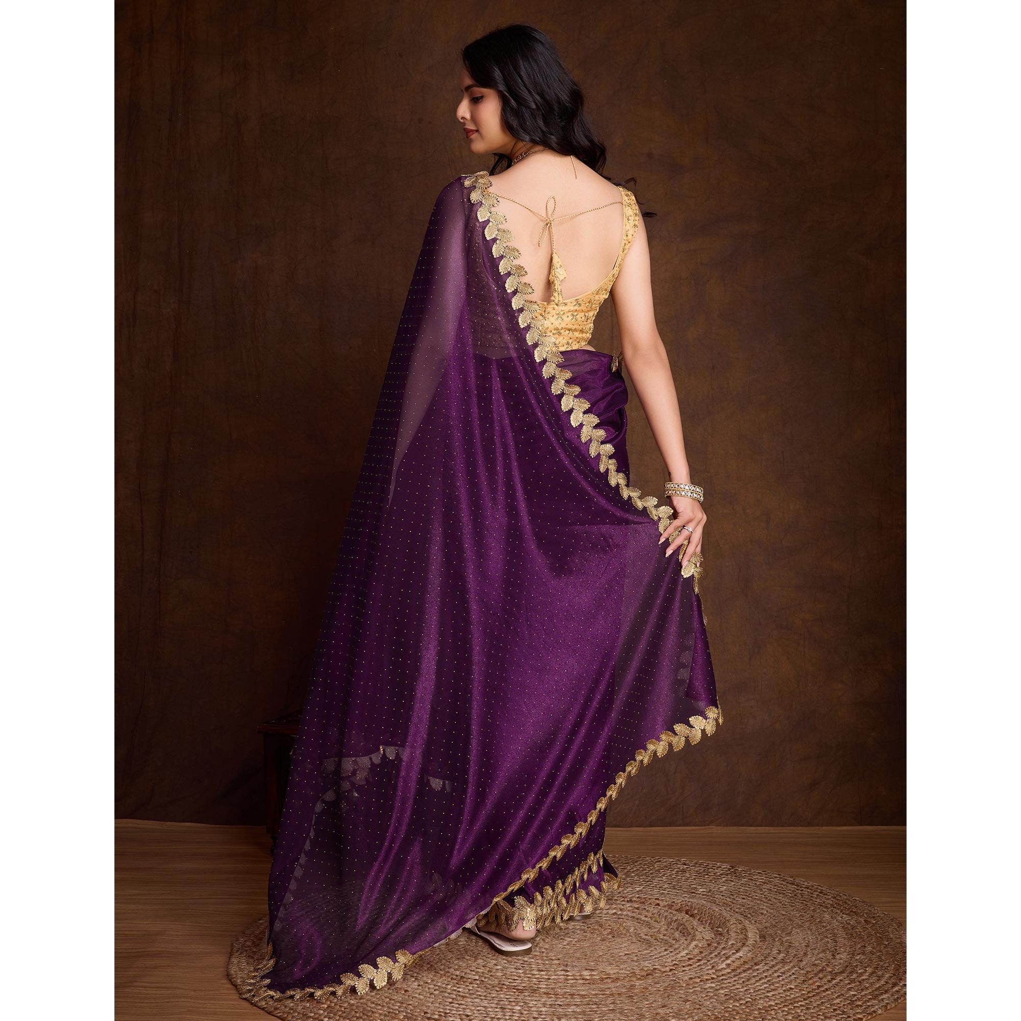 Wine Swarovski Work Shimmer Net Saree