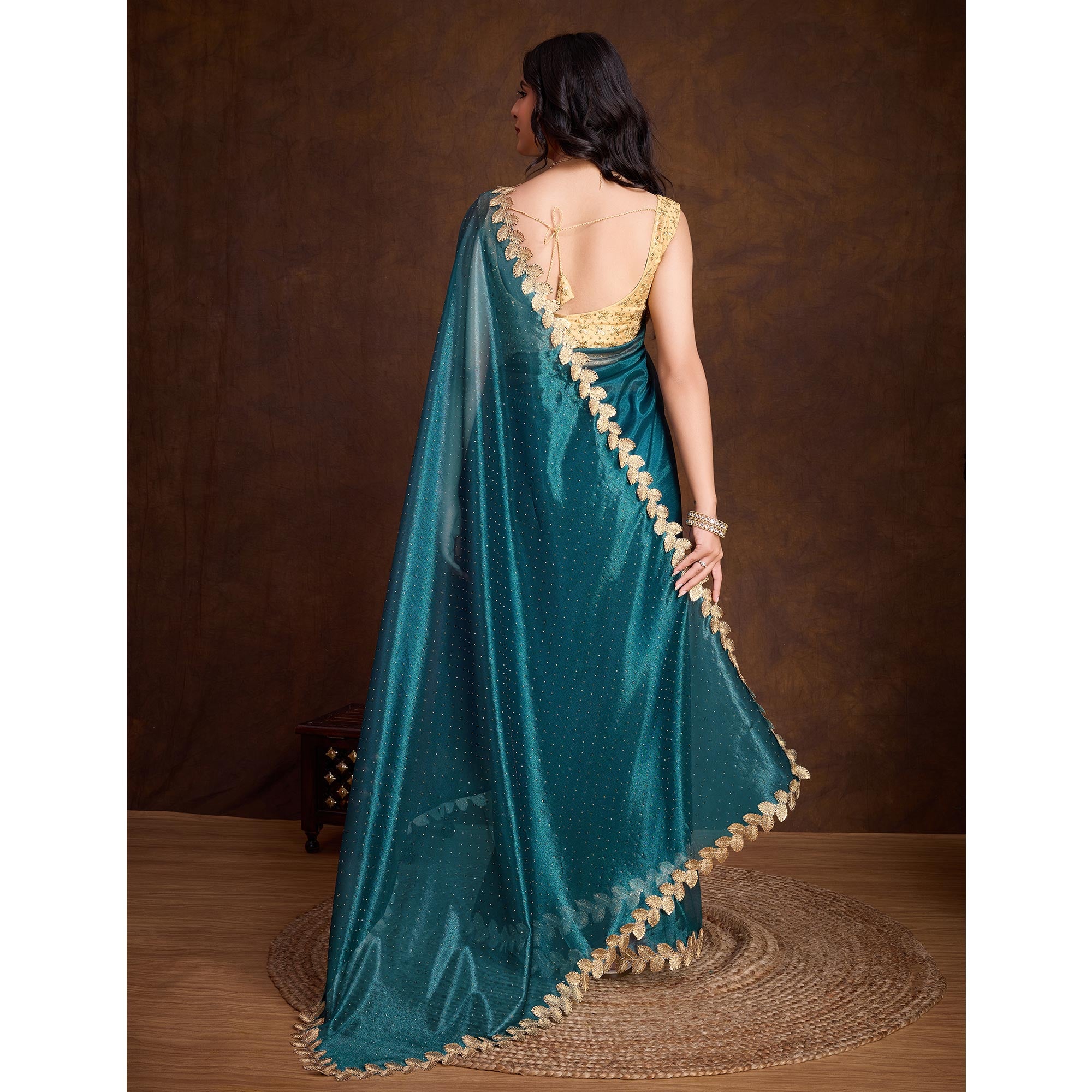 Morpich Blue Swarovski Work Shimmer Net Saree