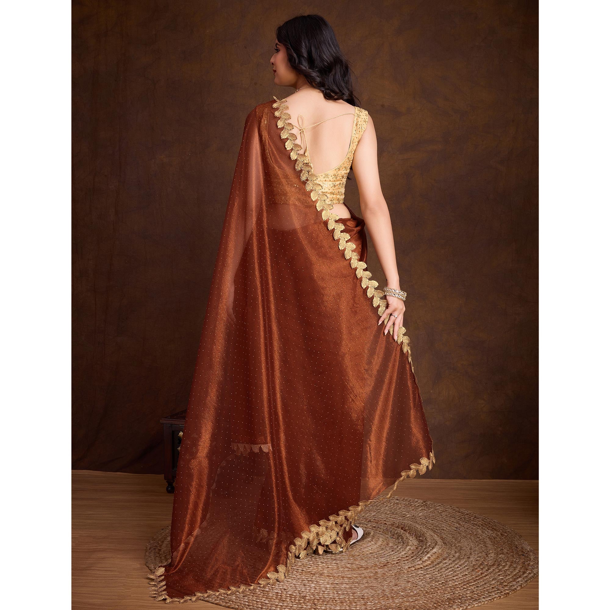 Brown Swarovski Work Shimmer Net Saree