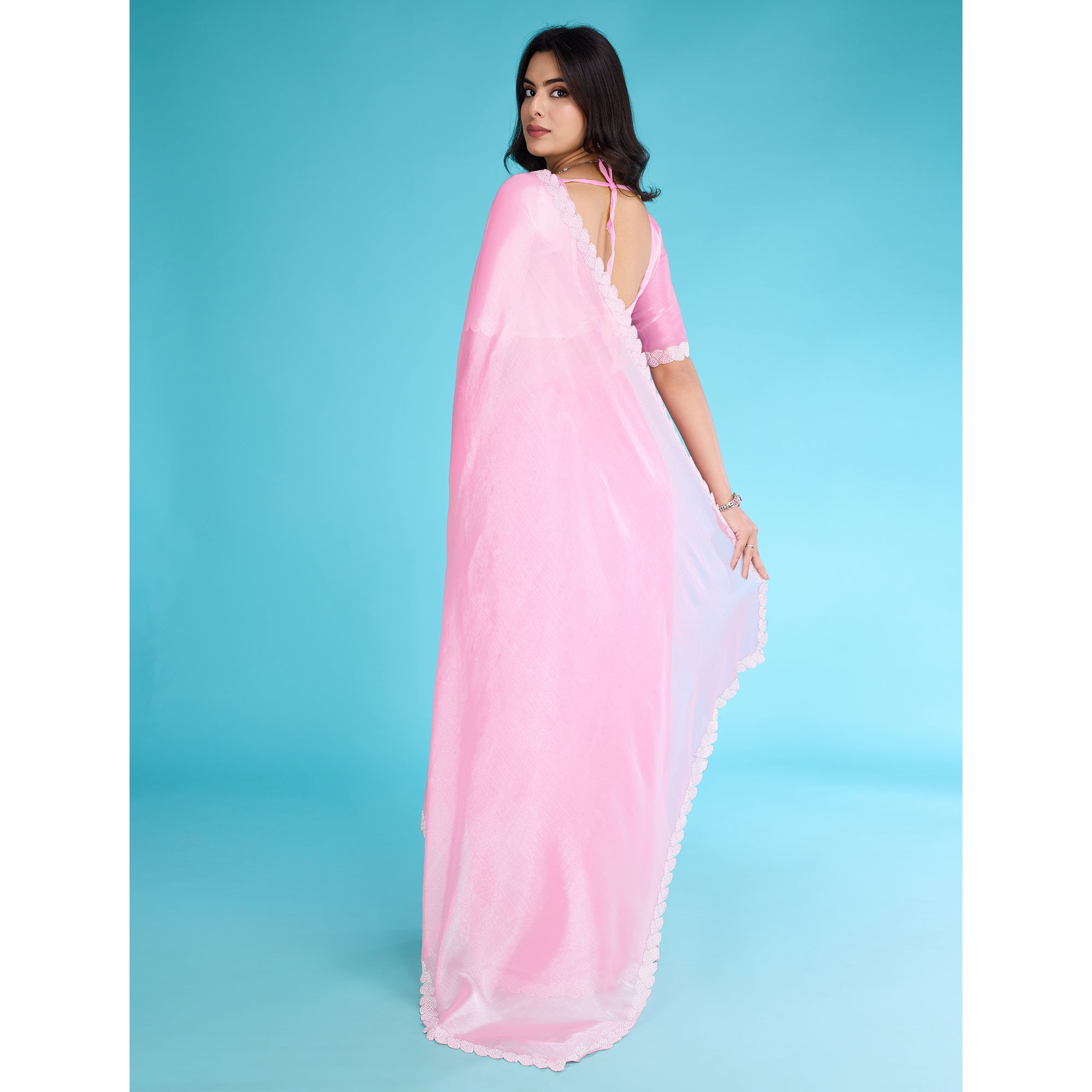 Pink Solid With Zarkan & Ceramic Pearl Diamond Lace Tissue Saree