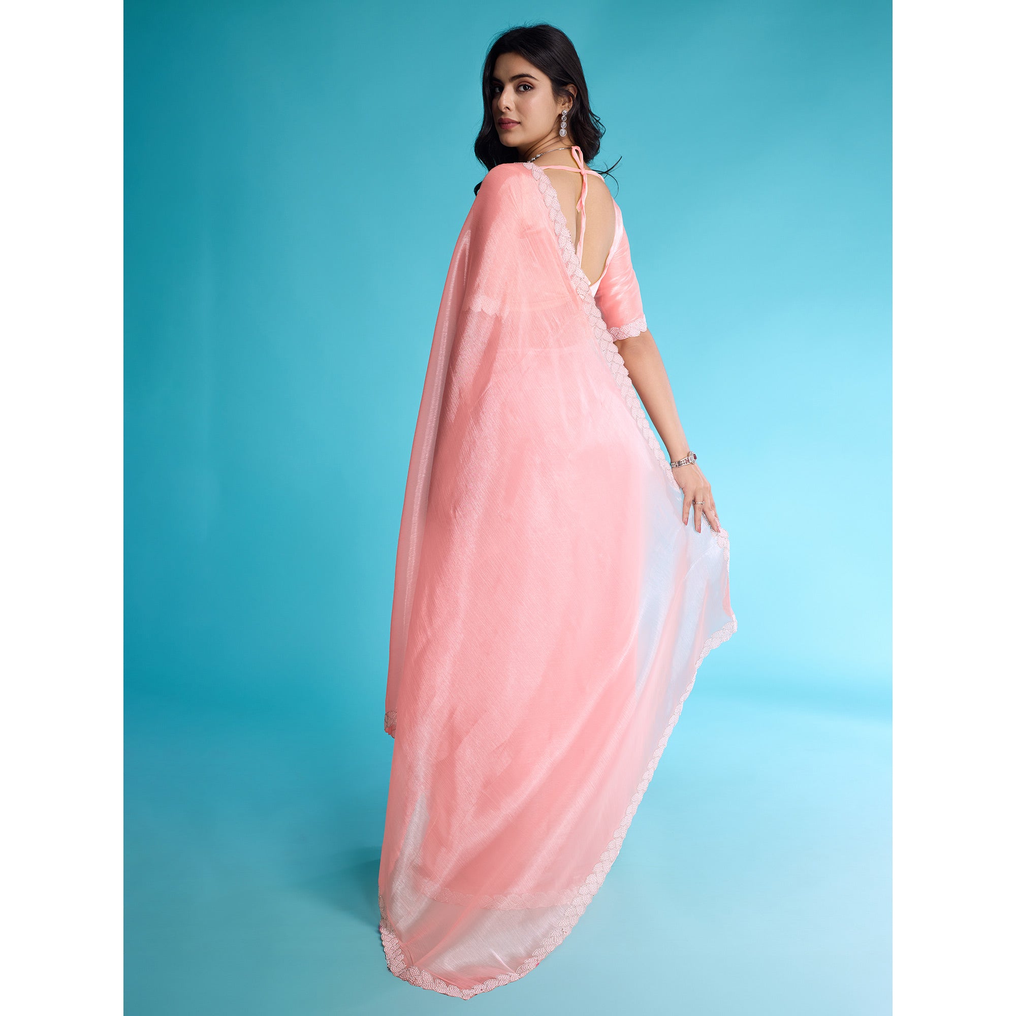 Peach Solid With Zarkan & Ceramic Pearl Diamond Lace Tissue Saree