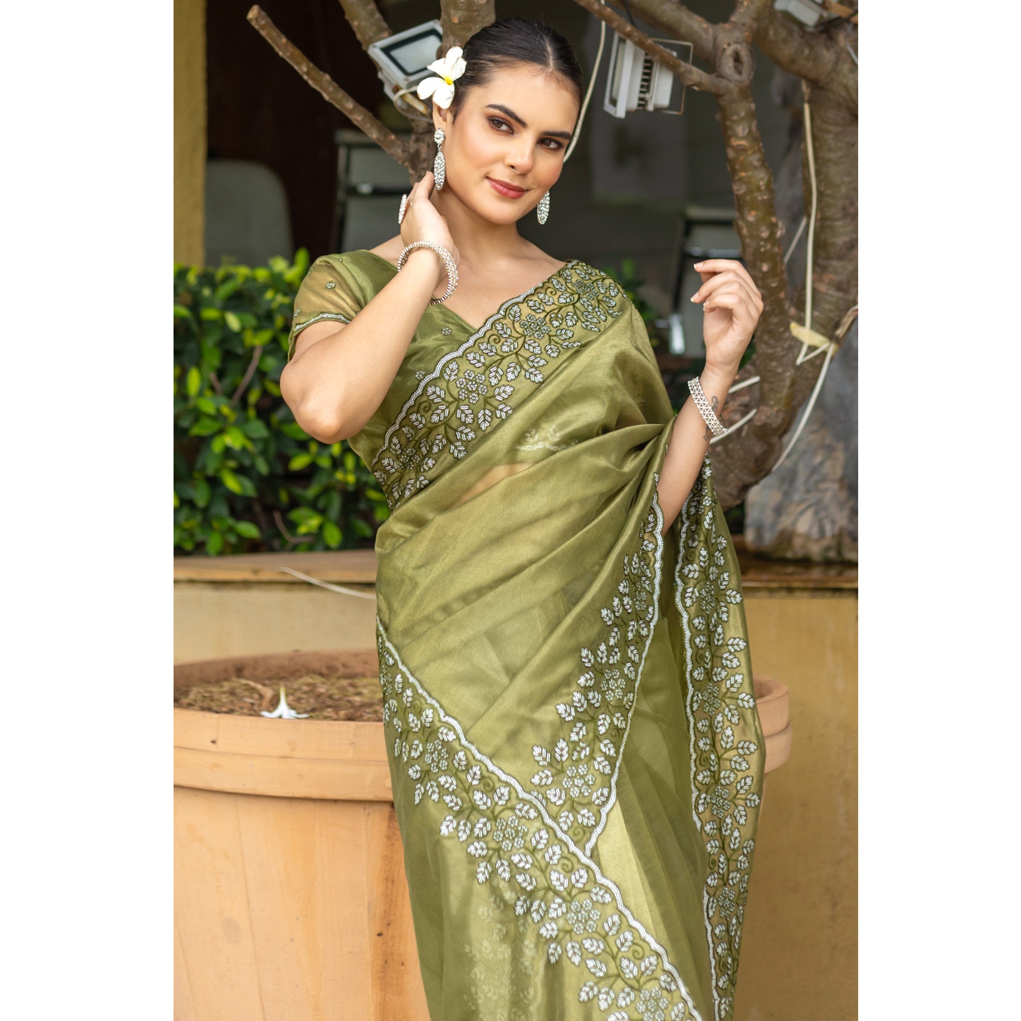 Mehendi Green Floral Sequins Embroidered Twill Net Saree