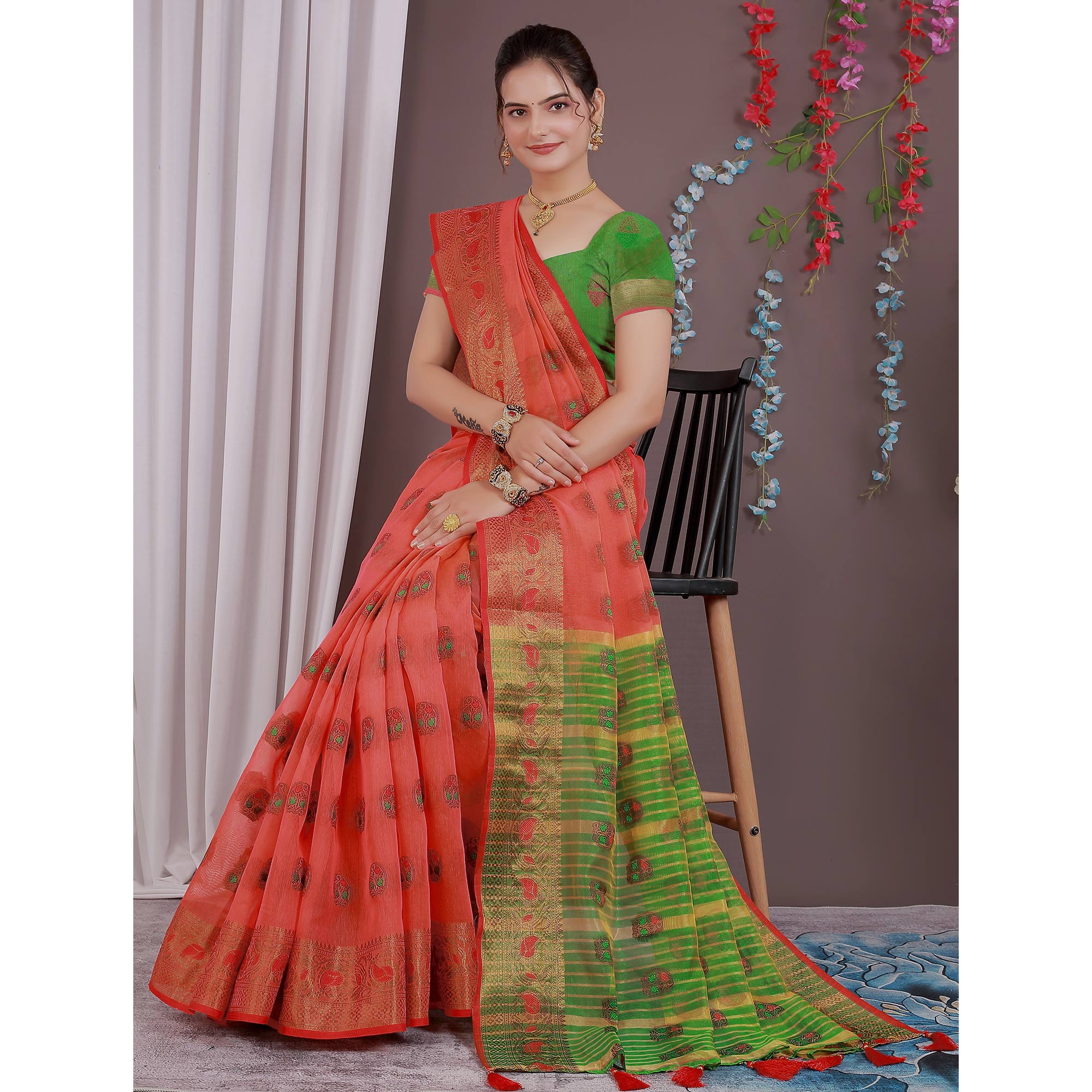 Red Floral Woven Cotton Silk Saree With Tassels