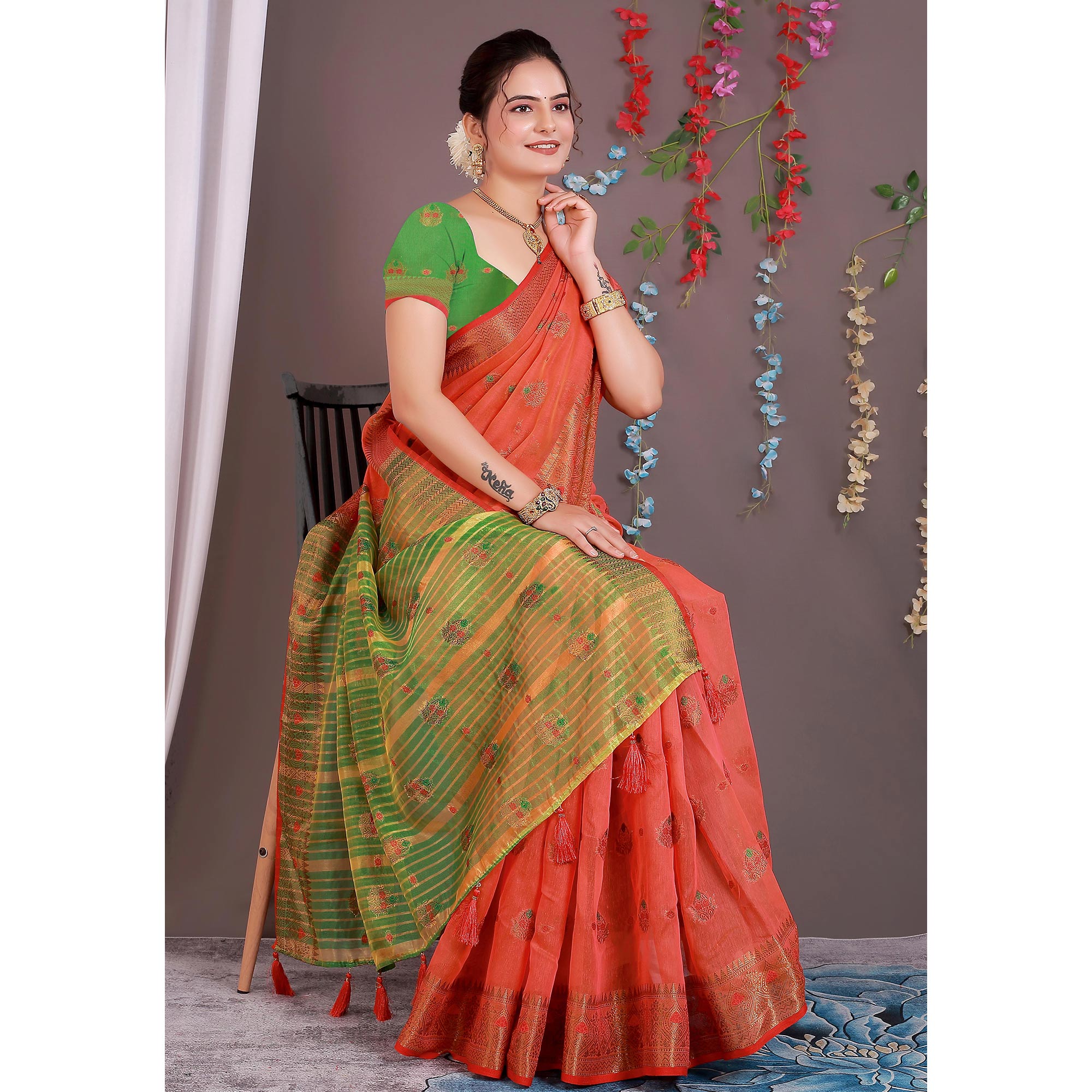 Red Floral Woven Cotton Silk Saree With Tassels
