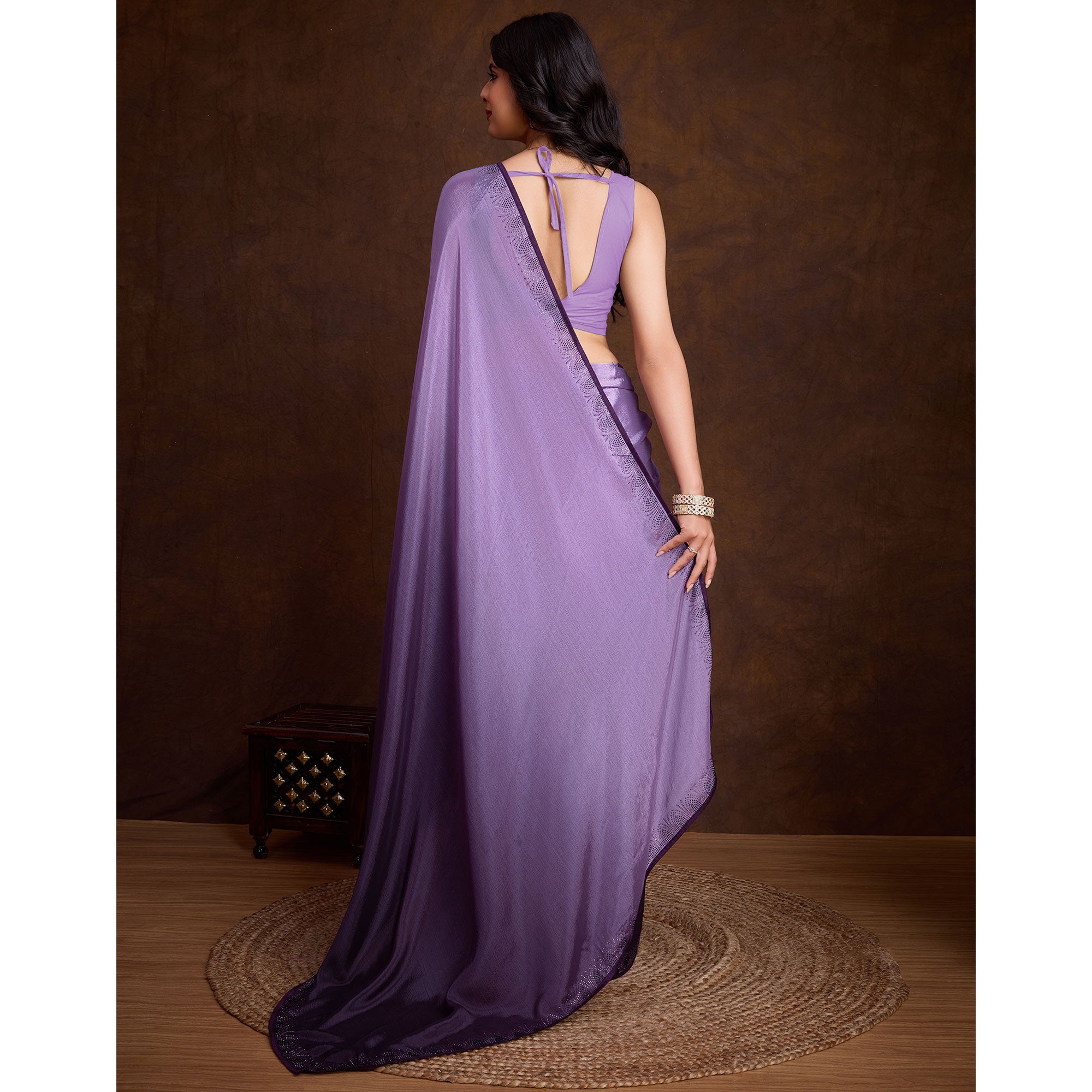 Purple Swarovski Border Work Chinon Ombre Saree