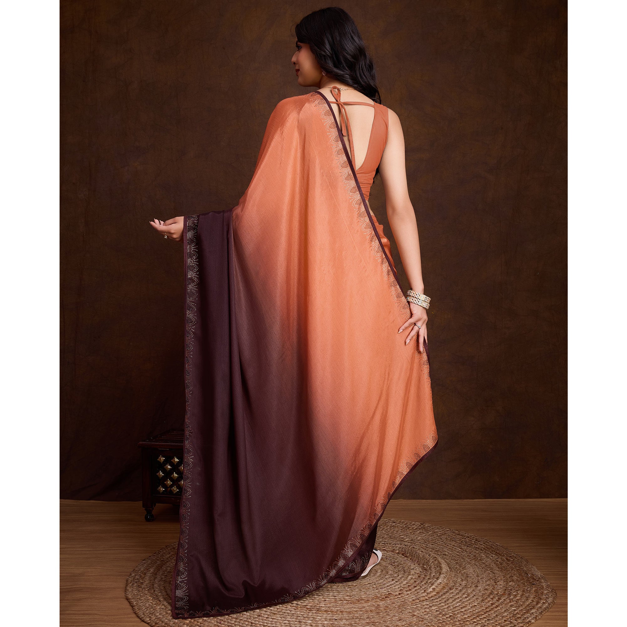 Peach & Brown Swarovski Border Work Chinon Ombre Saree