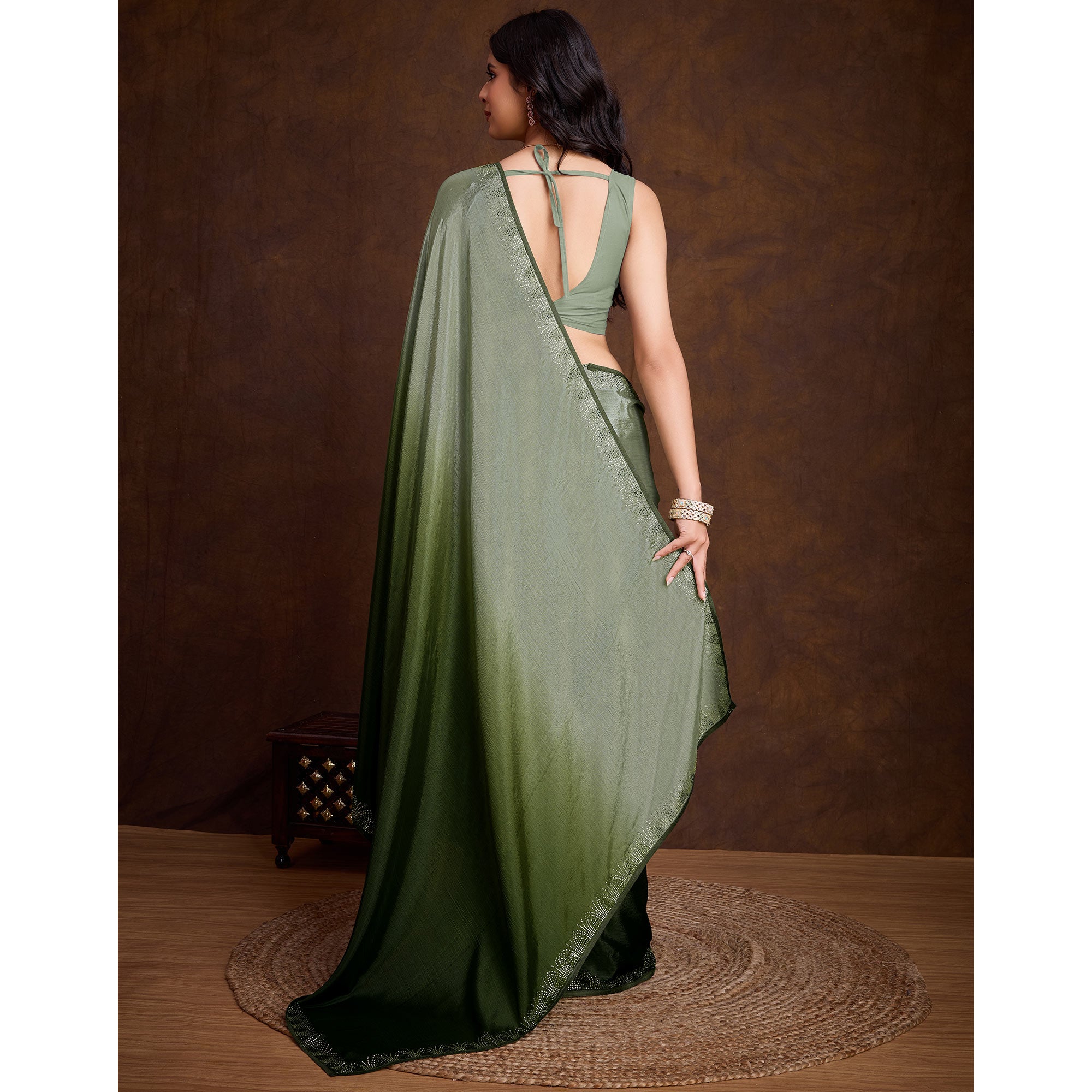 Green Swarovski Border Work Chinon Ombre Saree