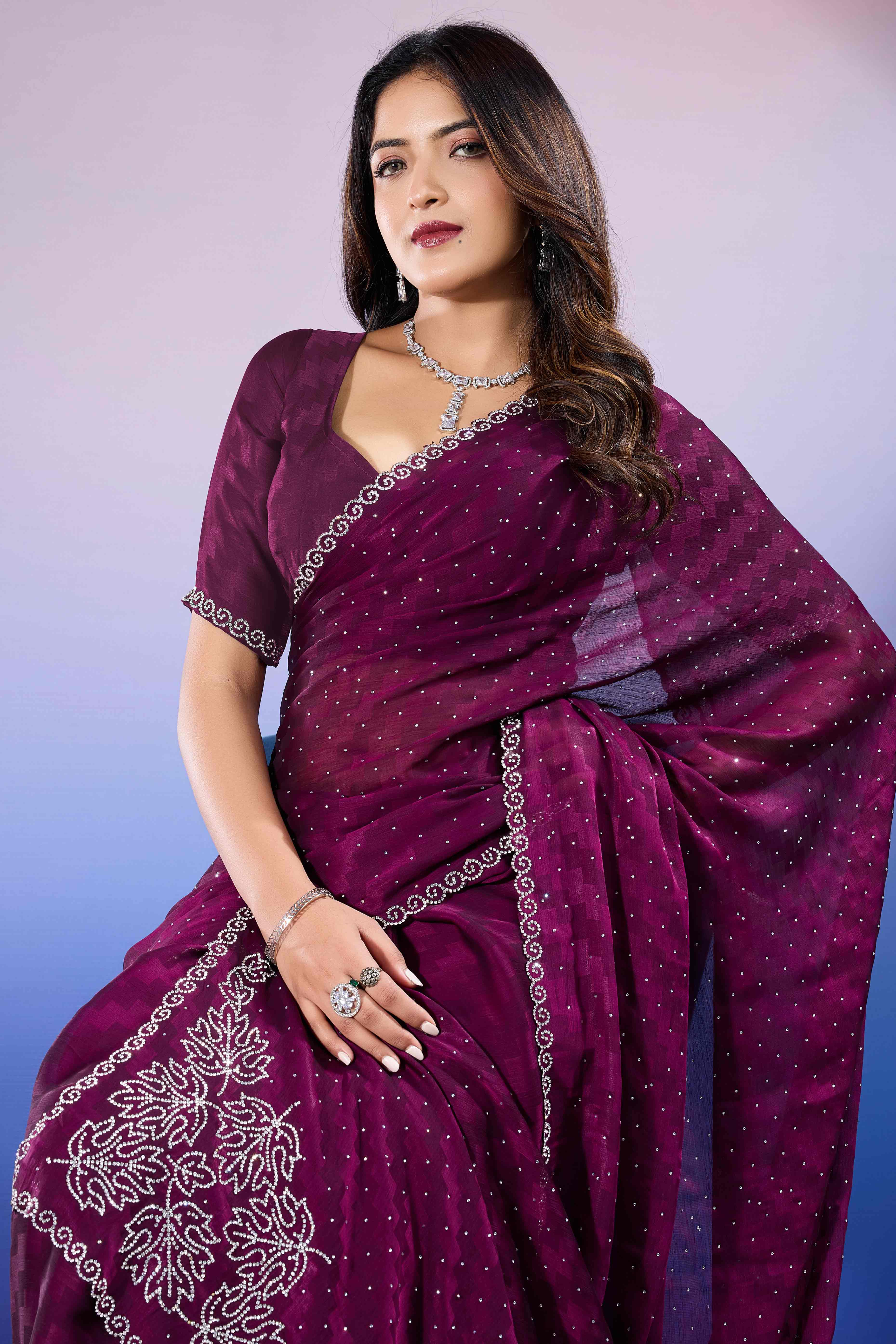 Wine Diamond Zarkan Handwork Satin Chiffon Saree