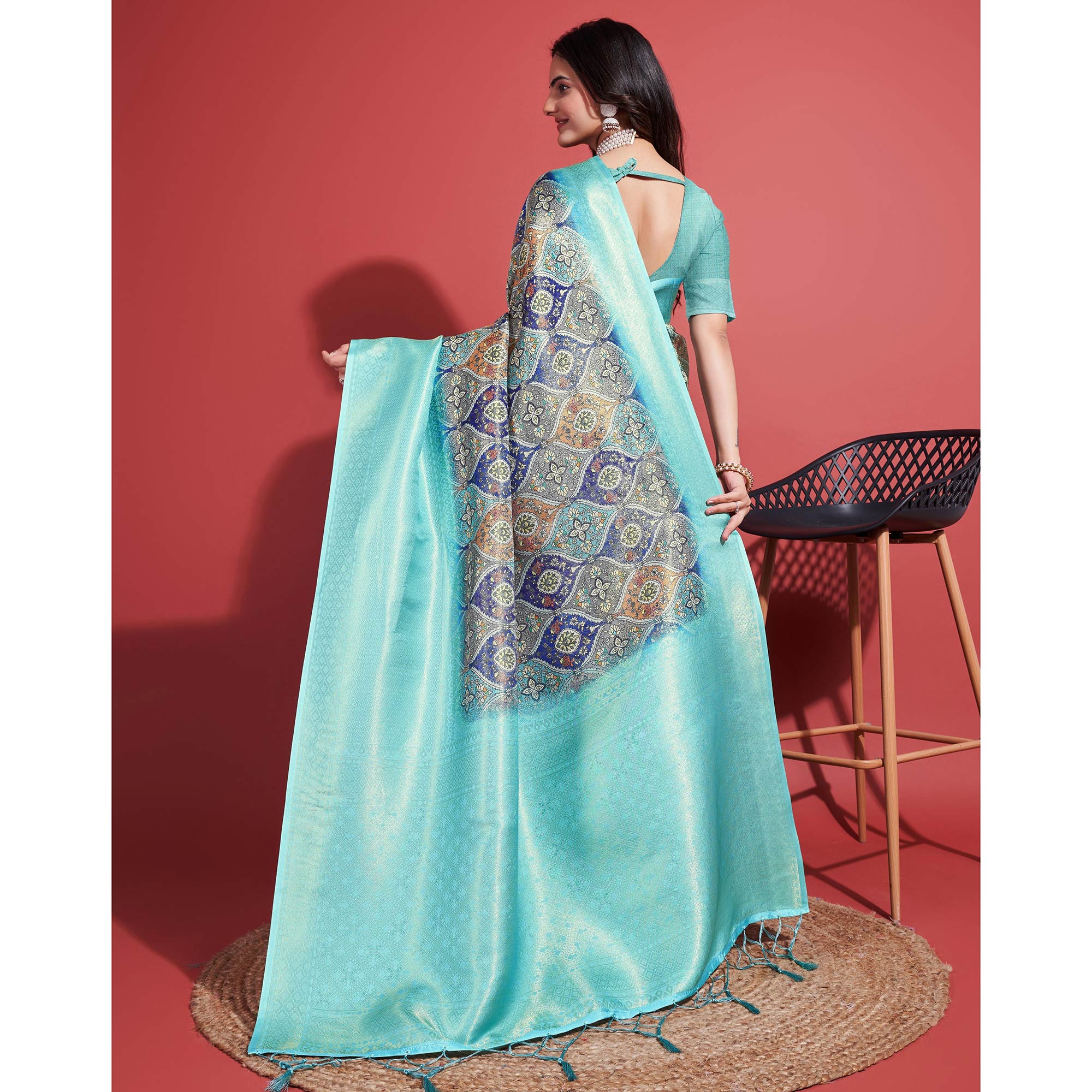 Aqua Floral Digital Printed With Woven Border Banarasi Silk Saree