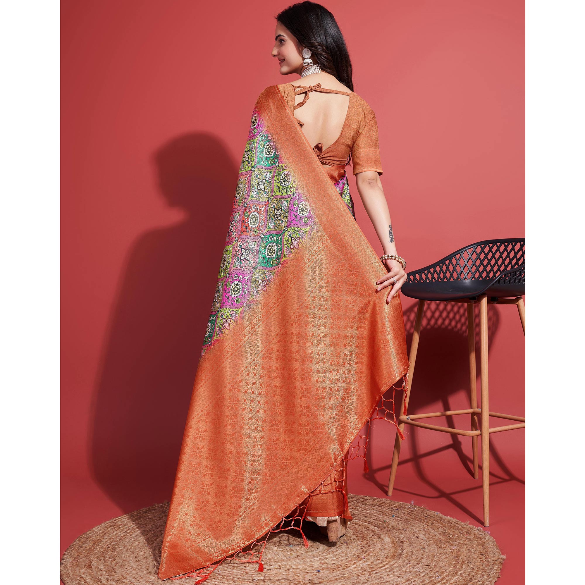 Orange Floral Digital Printed With Woven Border Banarasi Silk Saree