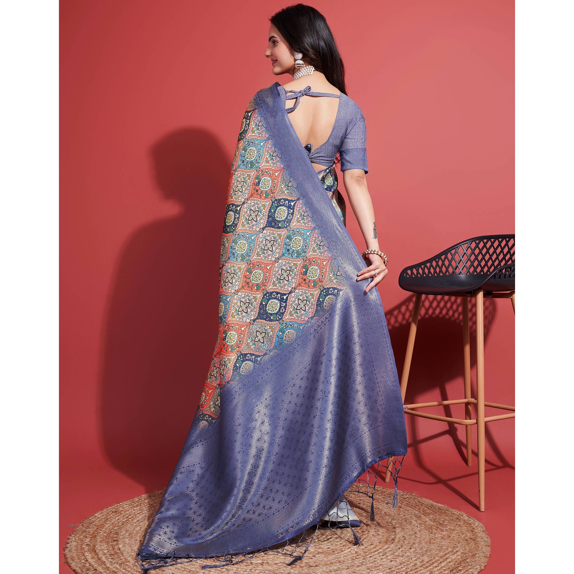 Navy Blue Floral Digital Printed With Woven Border Banarasi Silk Saree