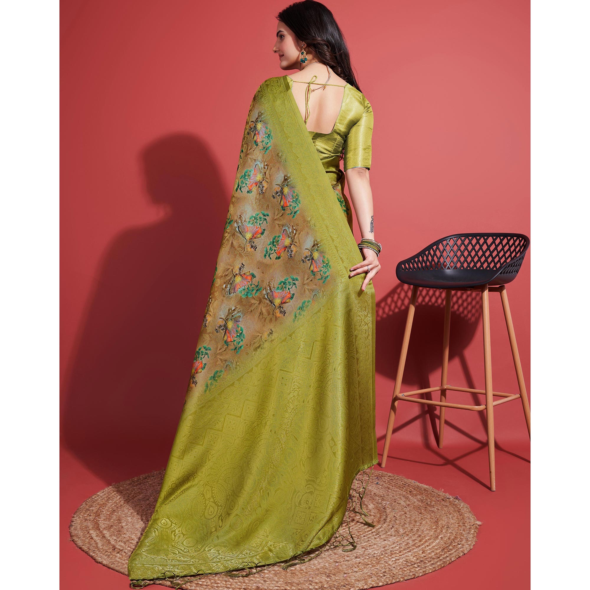 Green Floral Digital Printed With Woven Border Banarasi Silk Saree