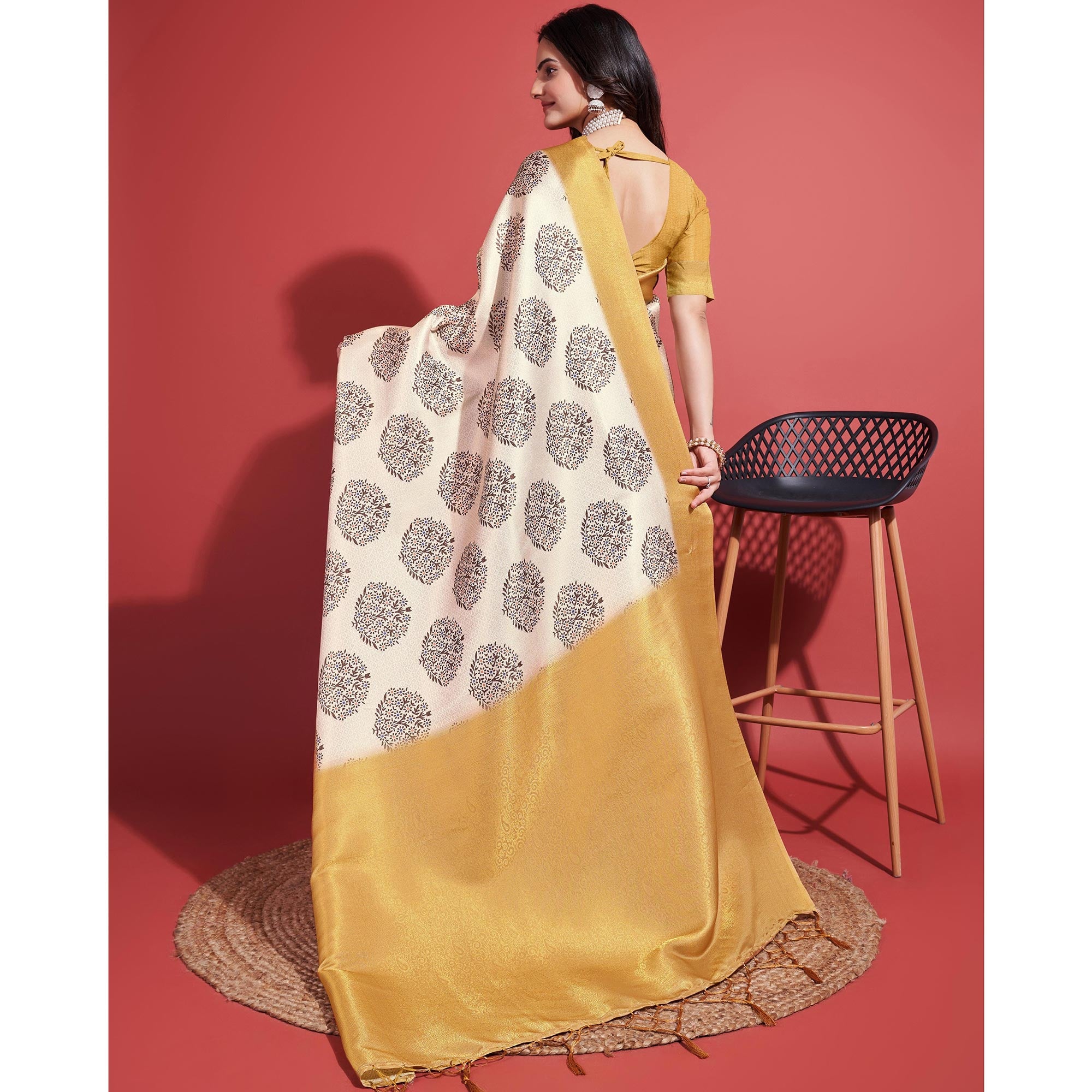 Yellow & Off White Floral Digital Printed With Woven Banarasi Silk Saree