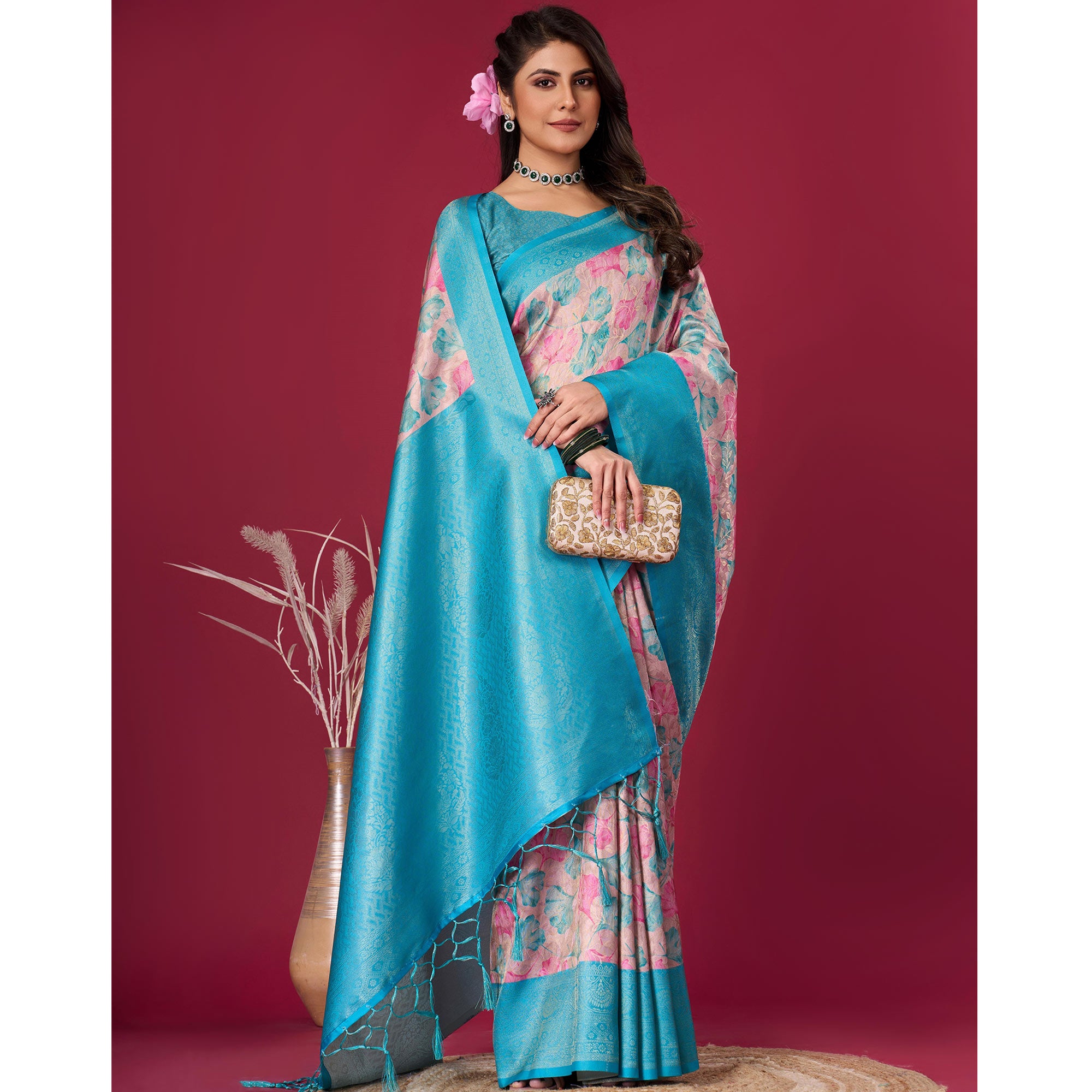 Turquoise Floral Digital Printed With Woven Pure Silk Saree