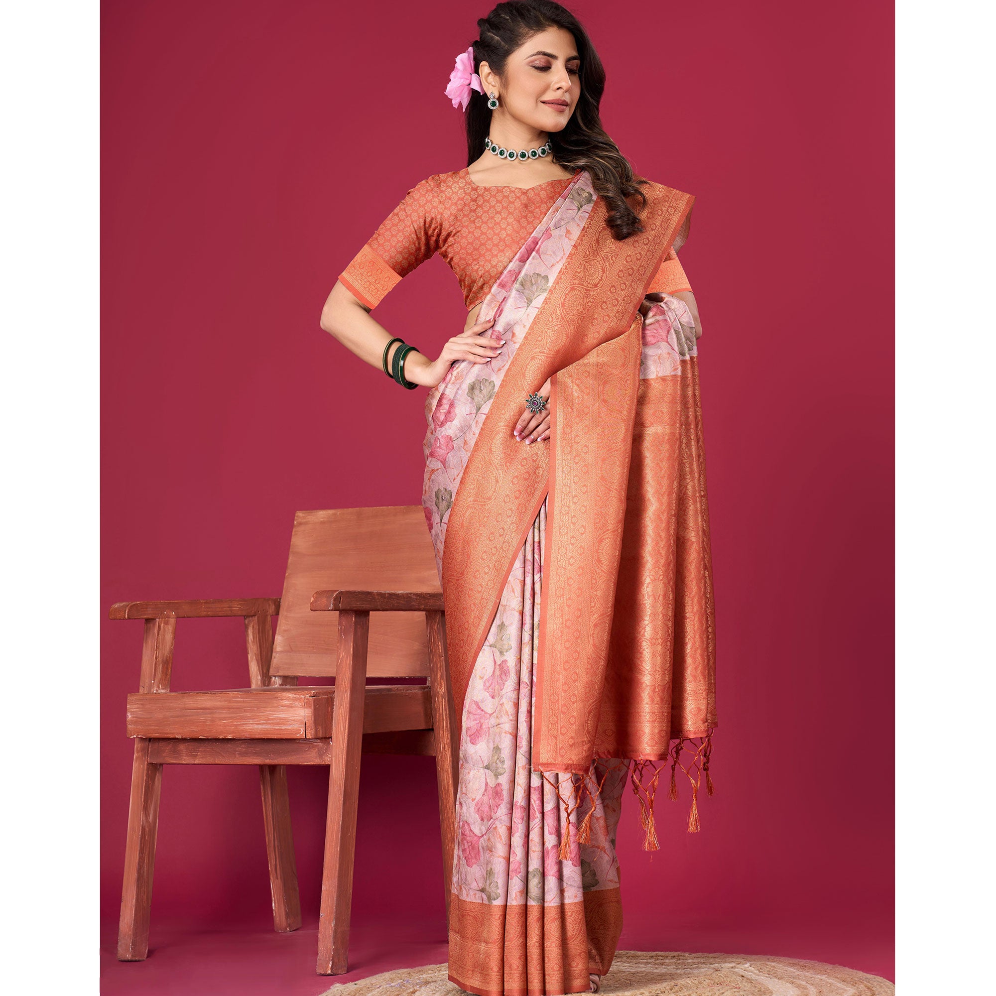 Rust Floral Digital Printed With Woven Pure Silk Saree