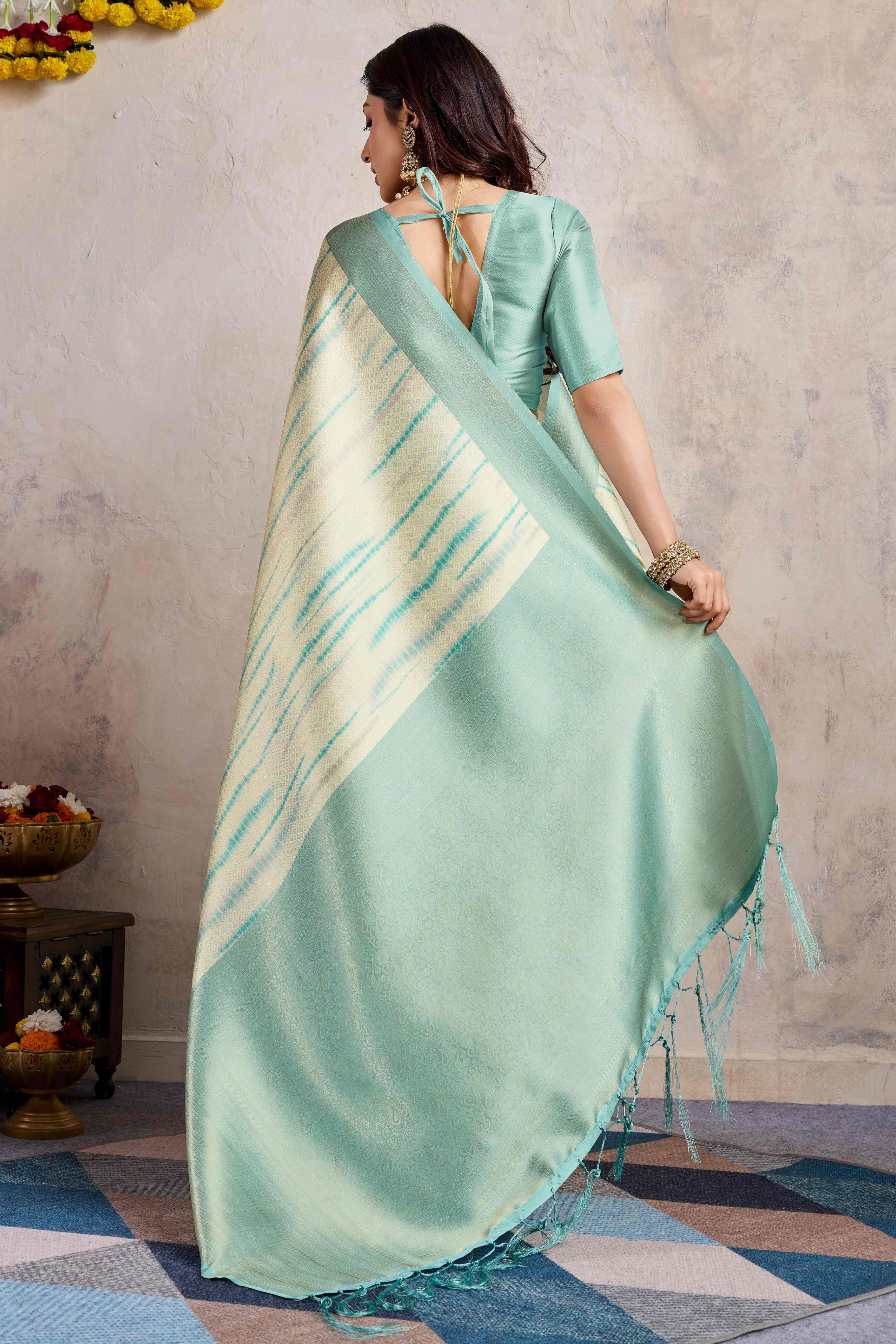 Turquoise Woven With Digital Printed Banarasi Silk Saree