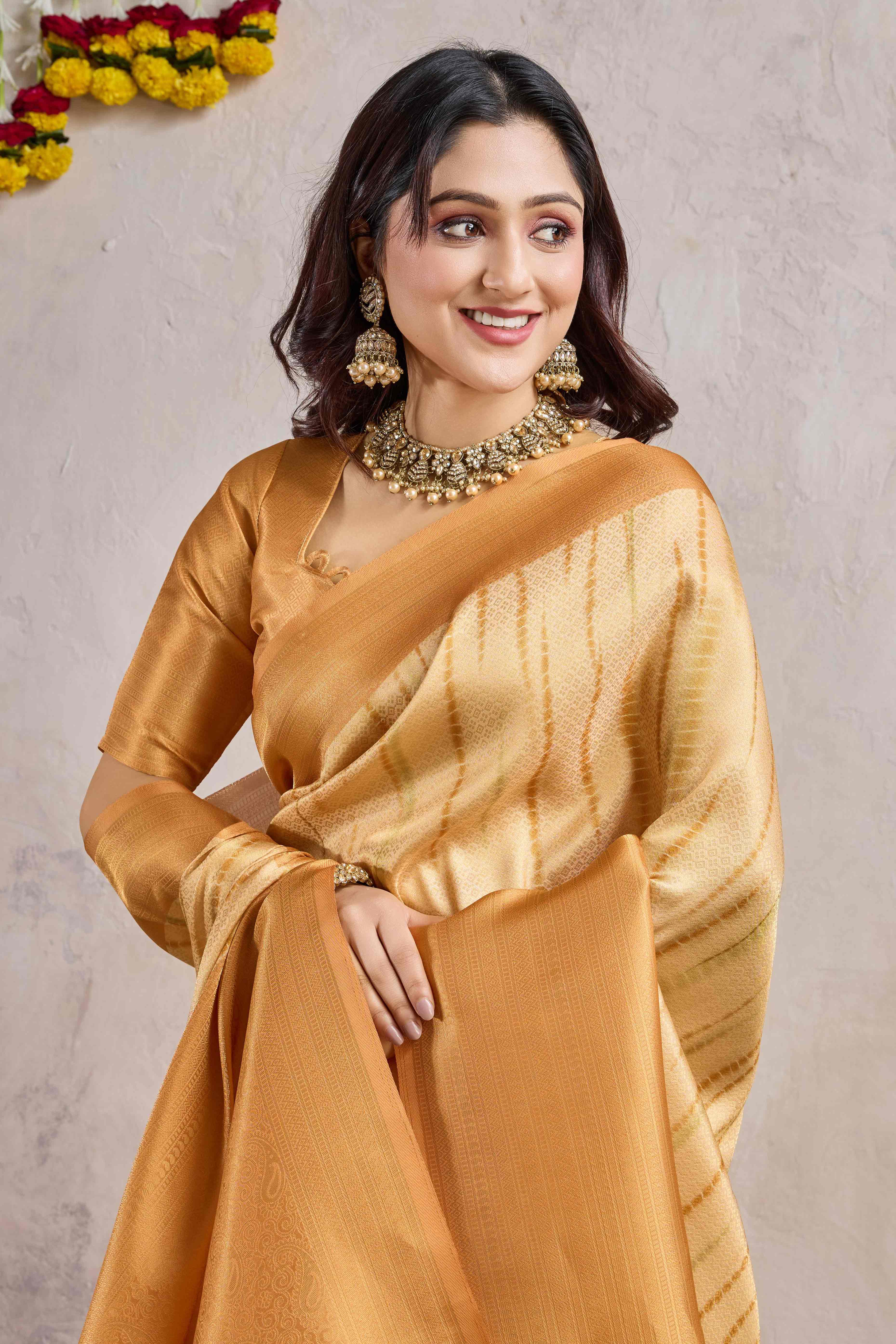 Orange Woven With Digital Printed Banarasi Silk Saree
