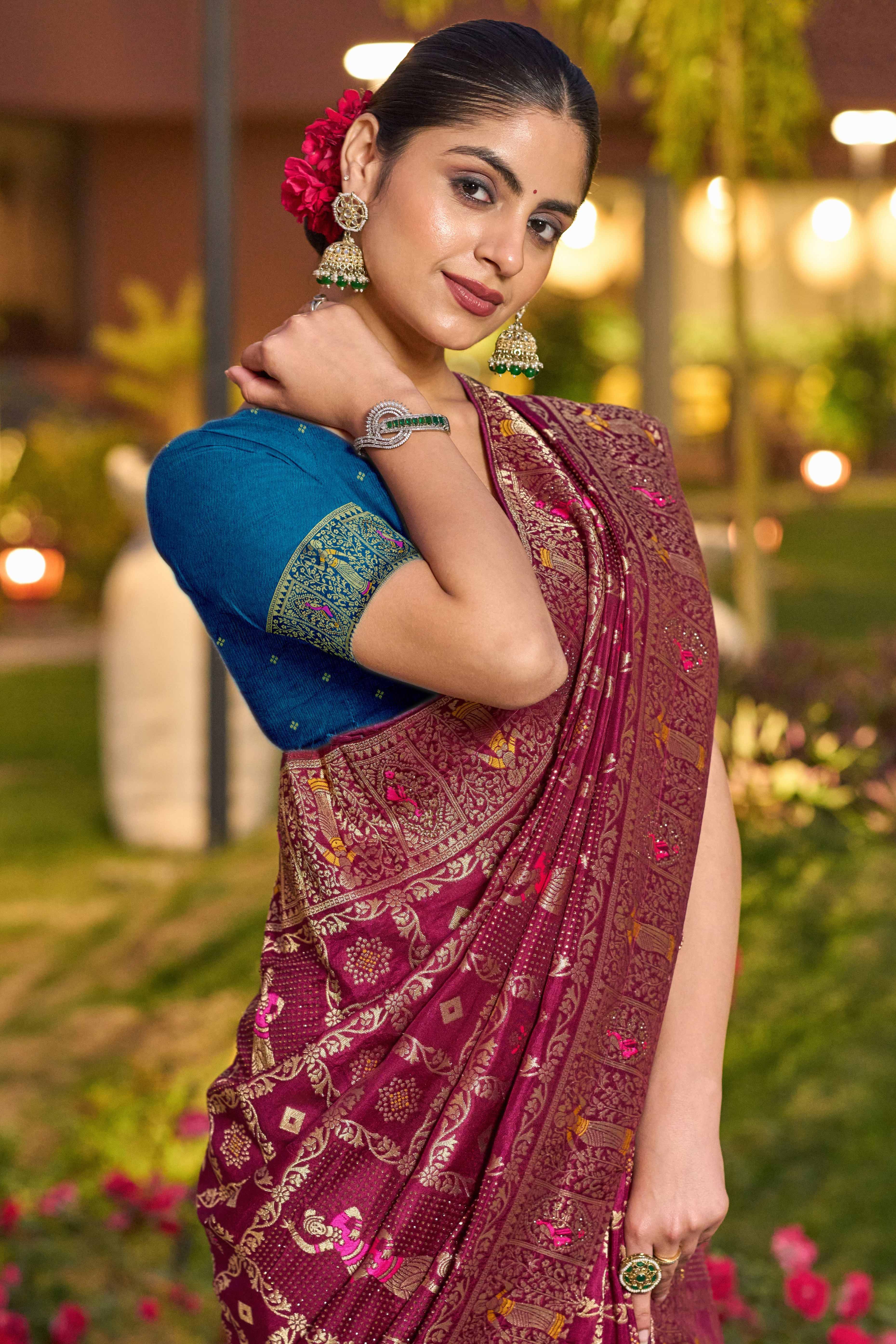 Burgundy Dola Silk Saree Featuring Intricate Gharchola Woven Design