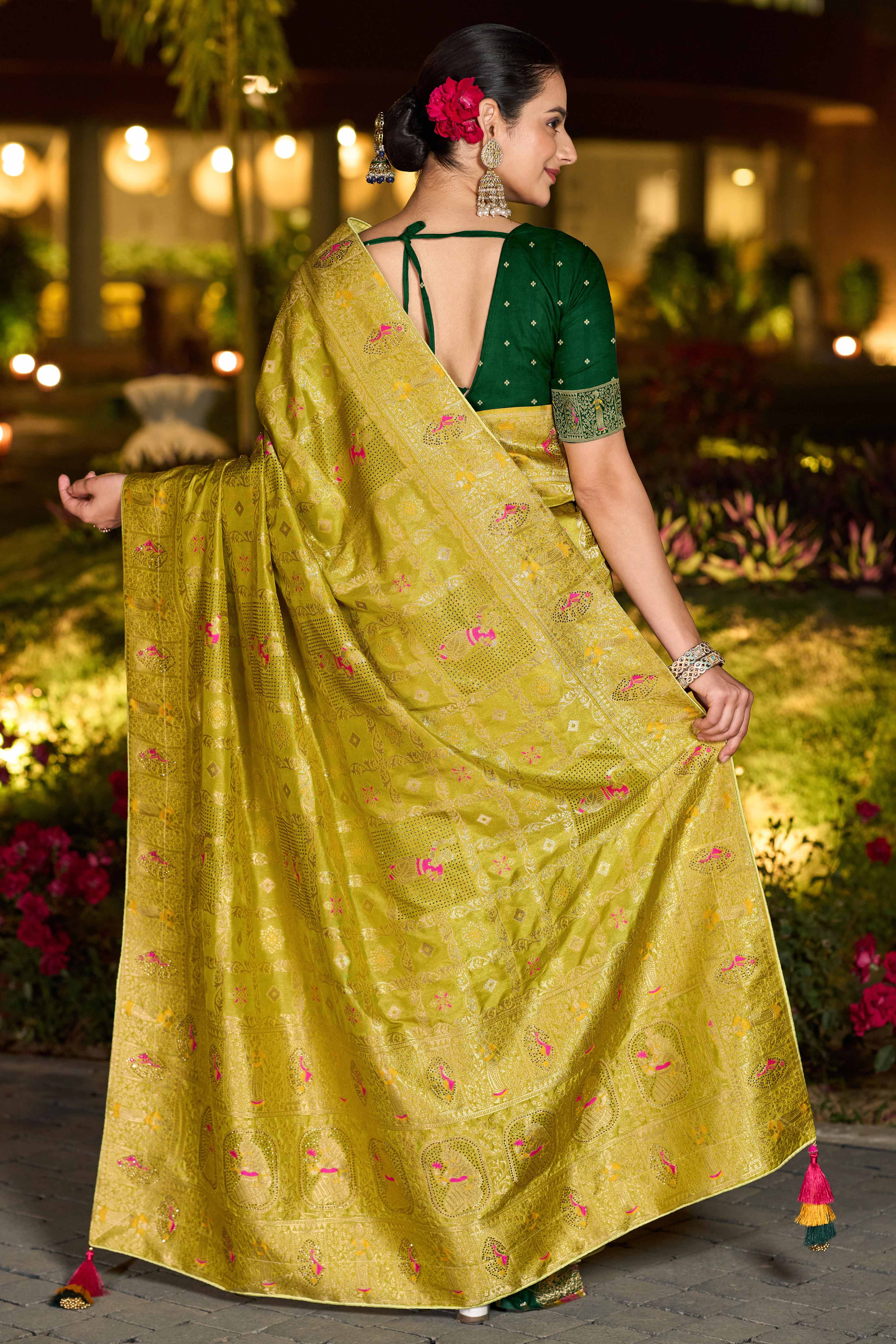 Olive Dola Silk Saree Featuring Intricate Gharchola Woven Design