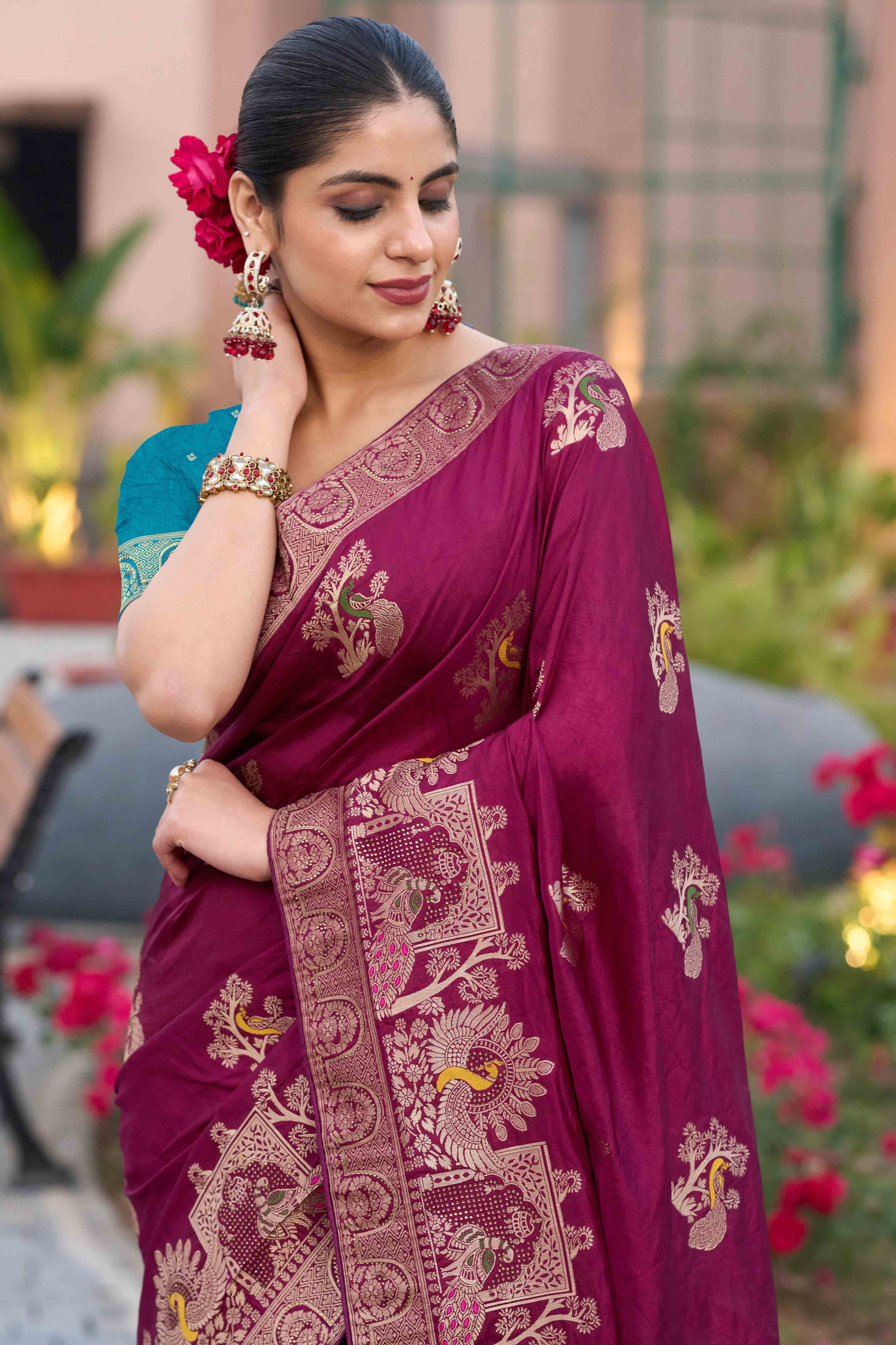 Royal Dark Magenta Dola Silk Saree With Intricate Zari Weaving & Swarovski Embellishments