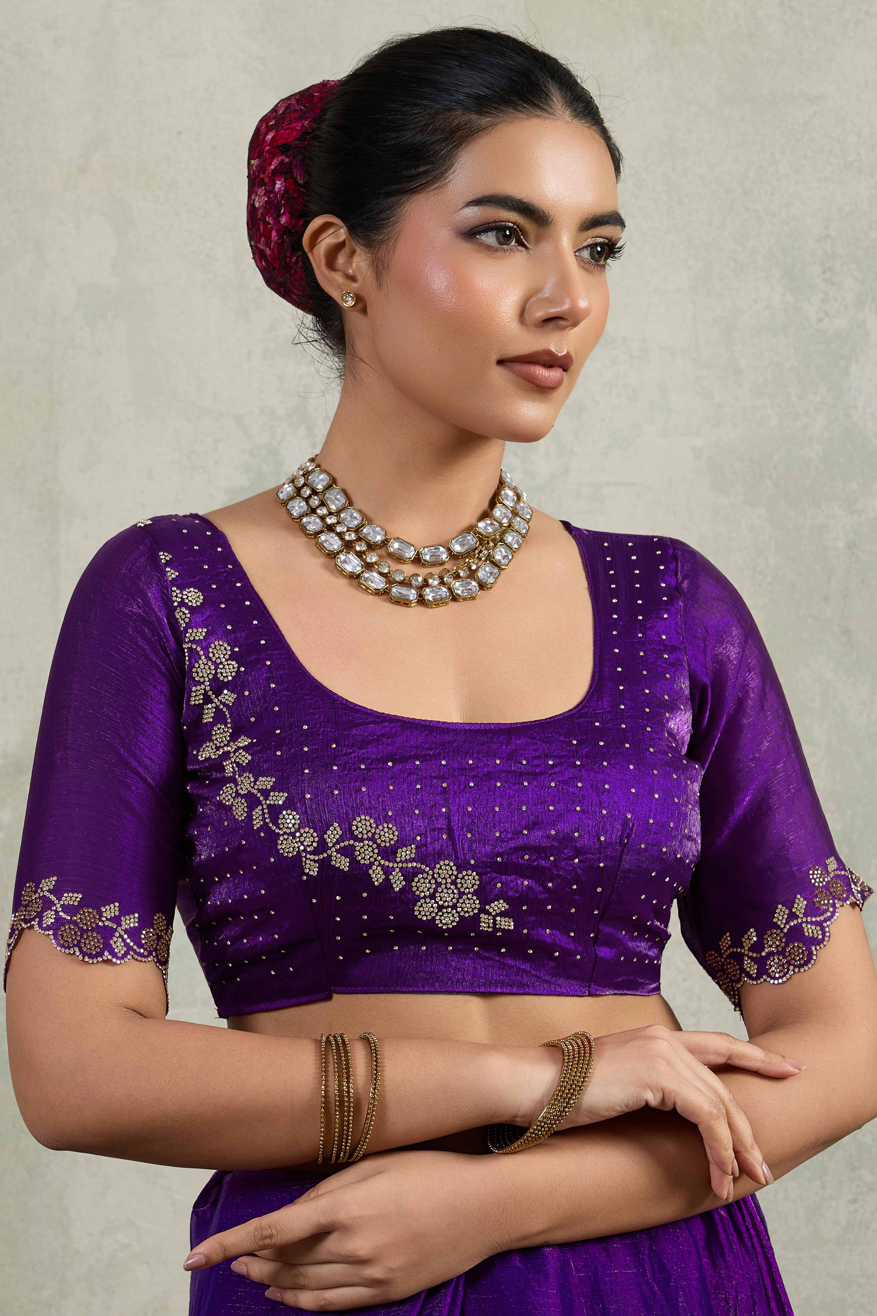 Purple Velvet Chiffon Saree Accented with Sparkling Zarkan Detailing