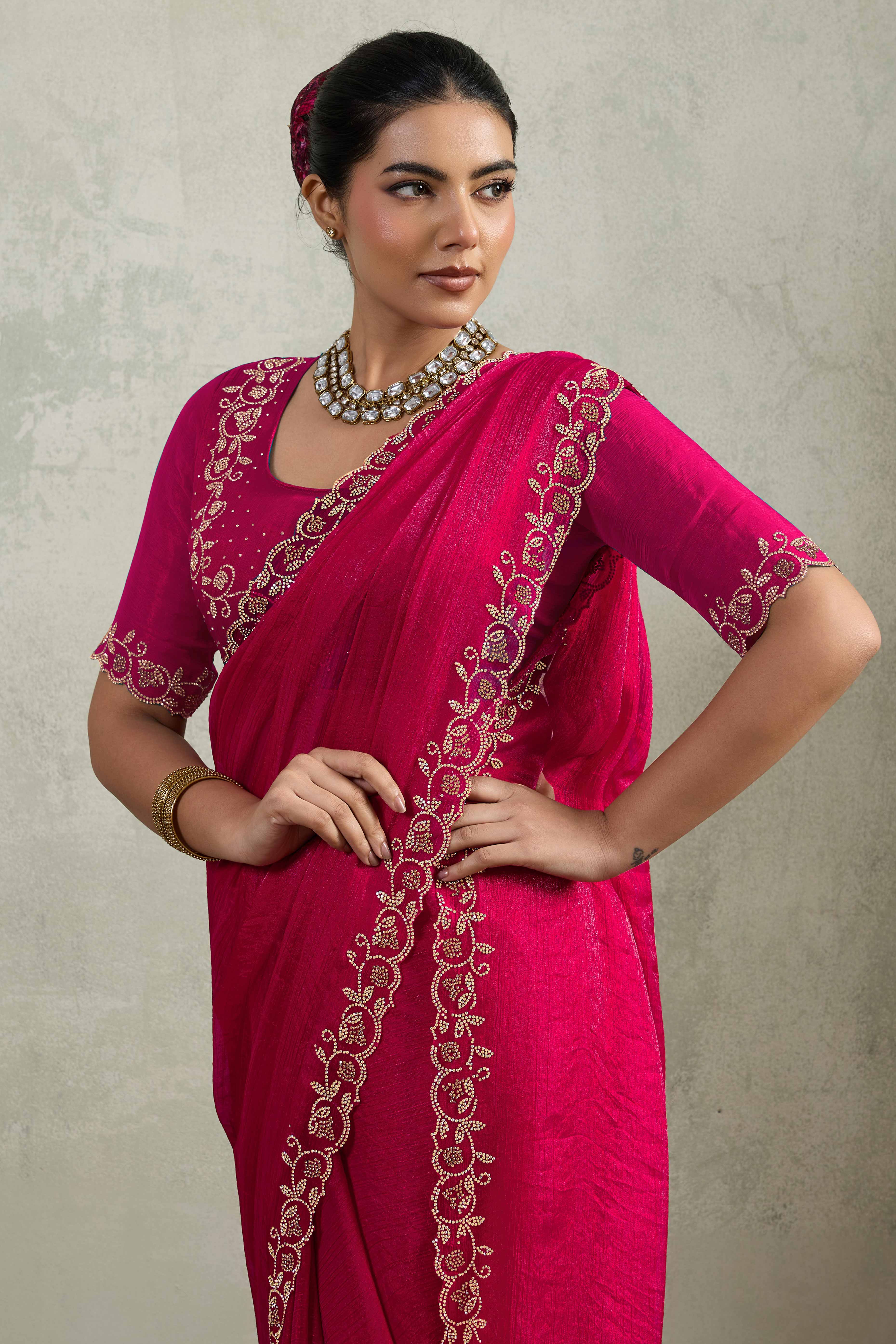 Pink Velvet Chiffon Saree Accented with Sparkling Zarkan Detailing