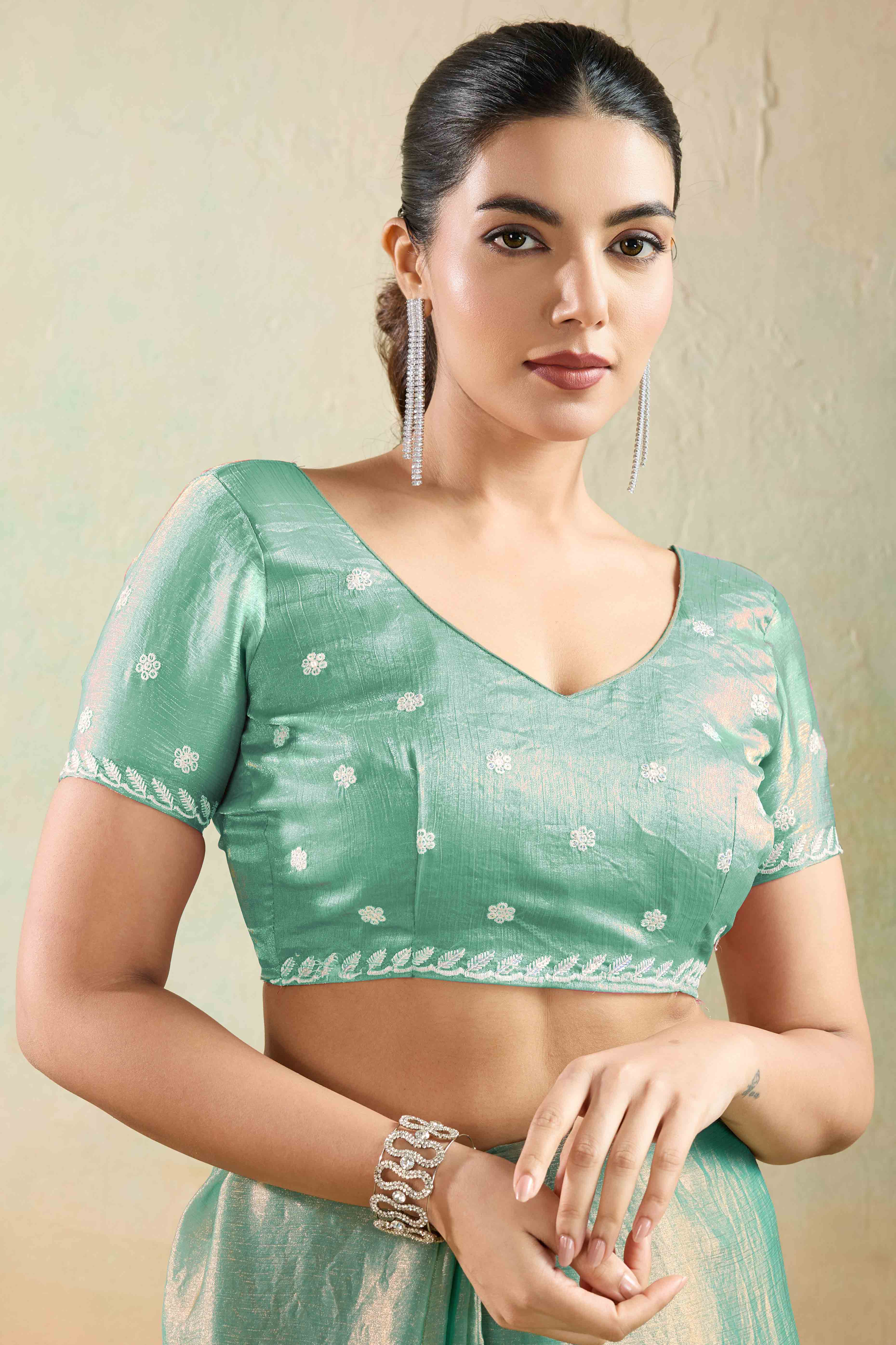 Sea Green Chiffon Saree with Rich Velvet Accents & Thread Detailing