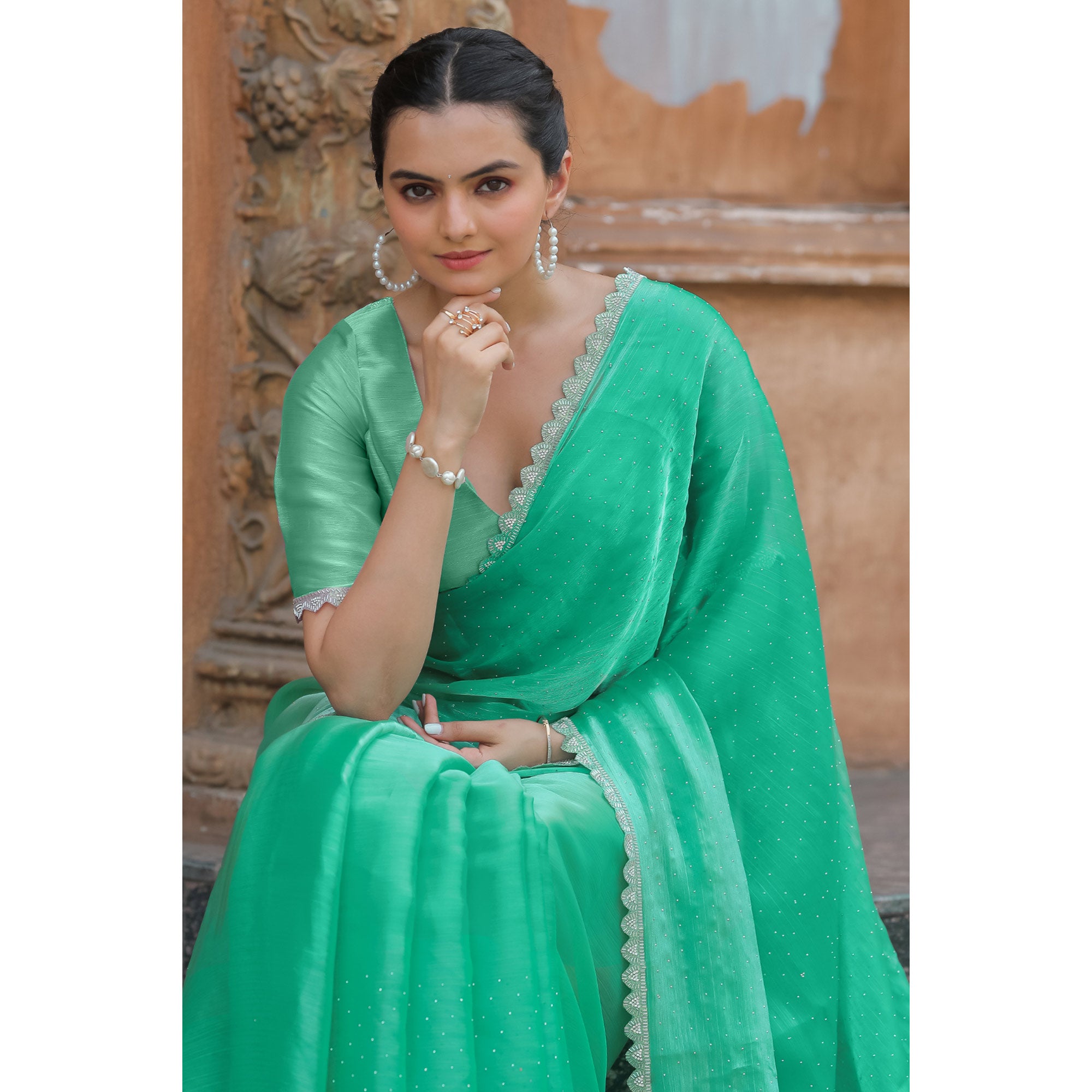 Sea Green Stonework Tussar Silk Saree