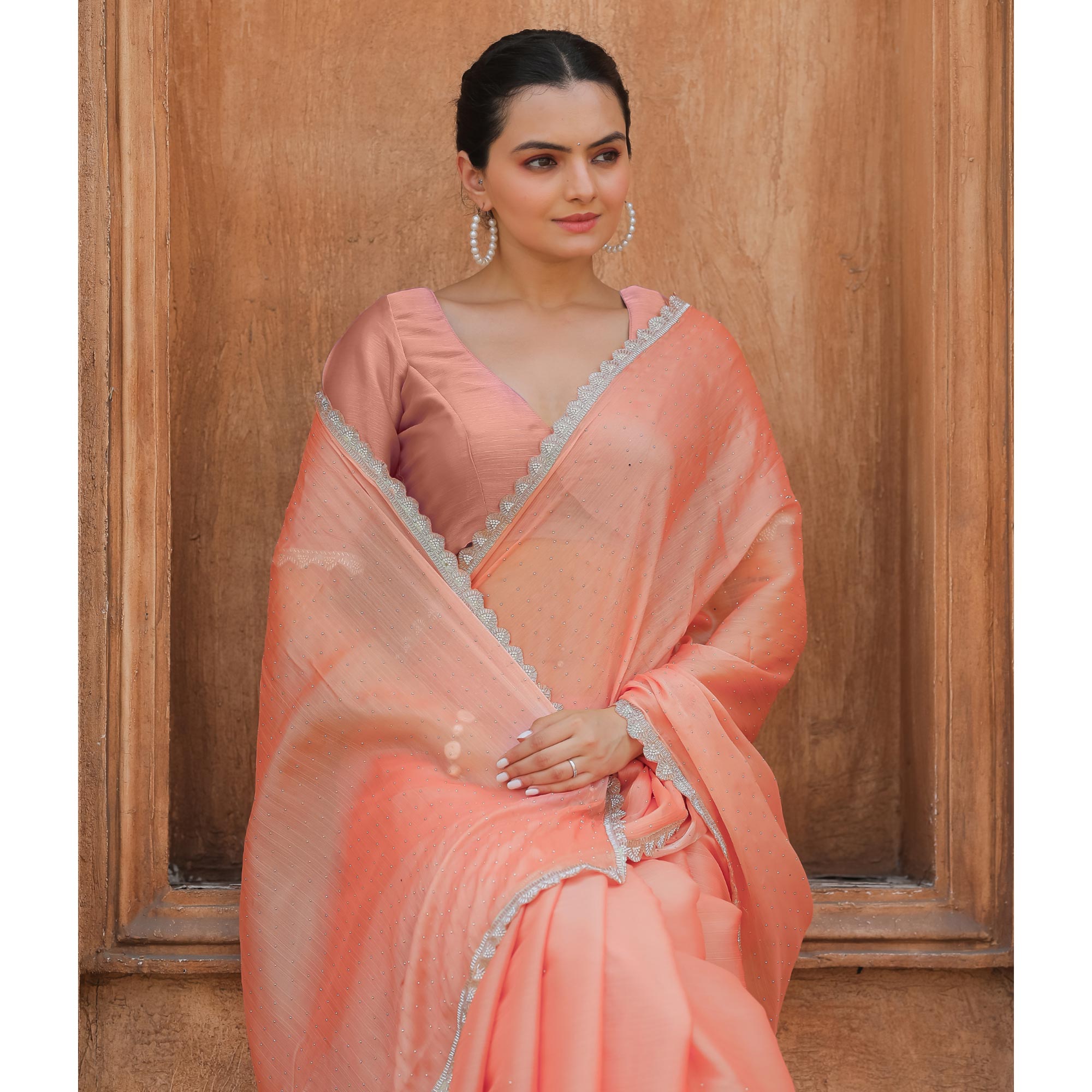 Peach Stonework Tussar Silk Saree