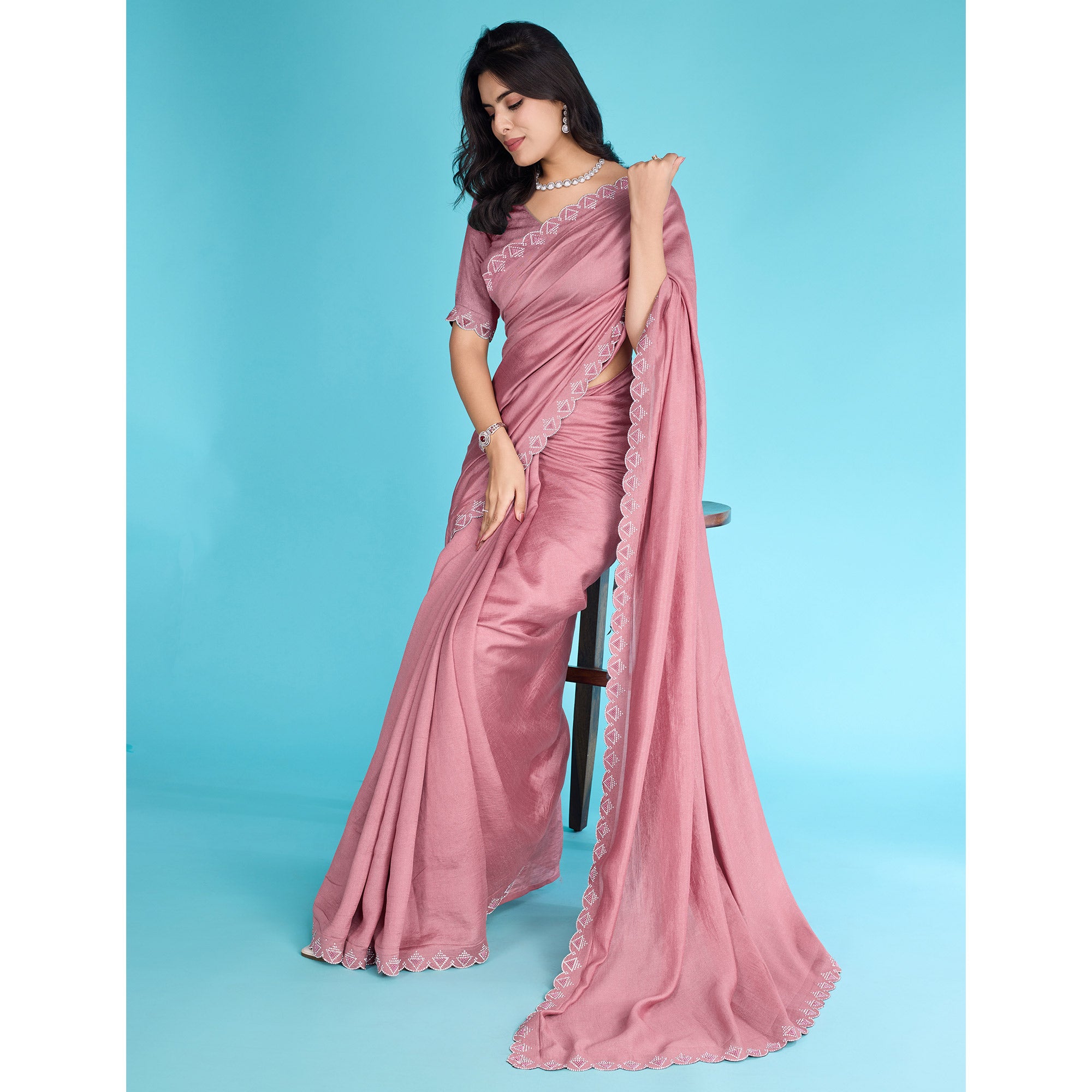 Dusty Rose Pink Solid With Zarkan & Pearl Diamond Lace Khadi Shimmer Saree