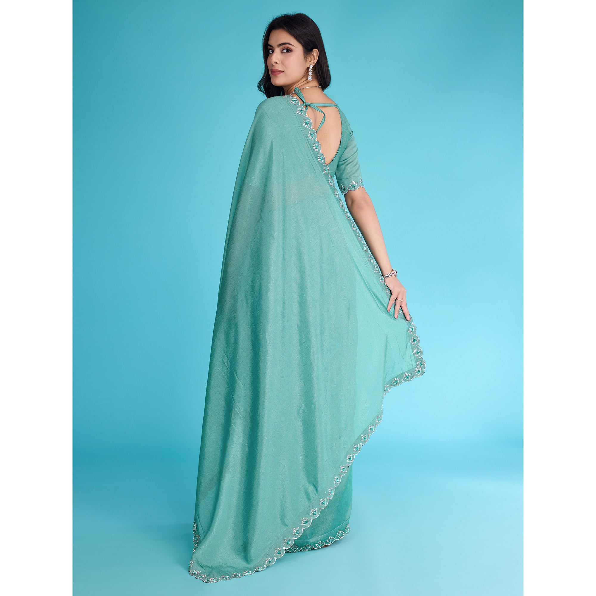 Turquoise Solid With Zarkan & Pearl Diamond Lace Khadi Shimmer Saree