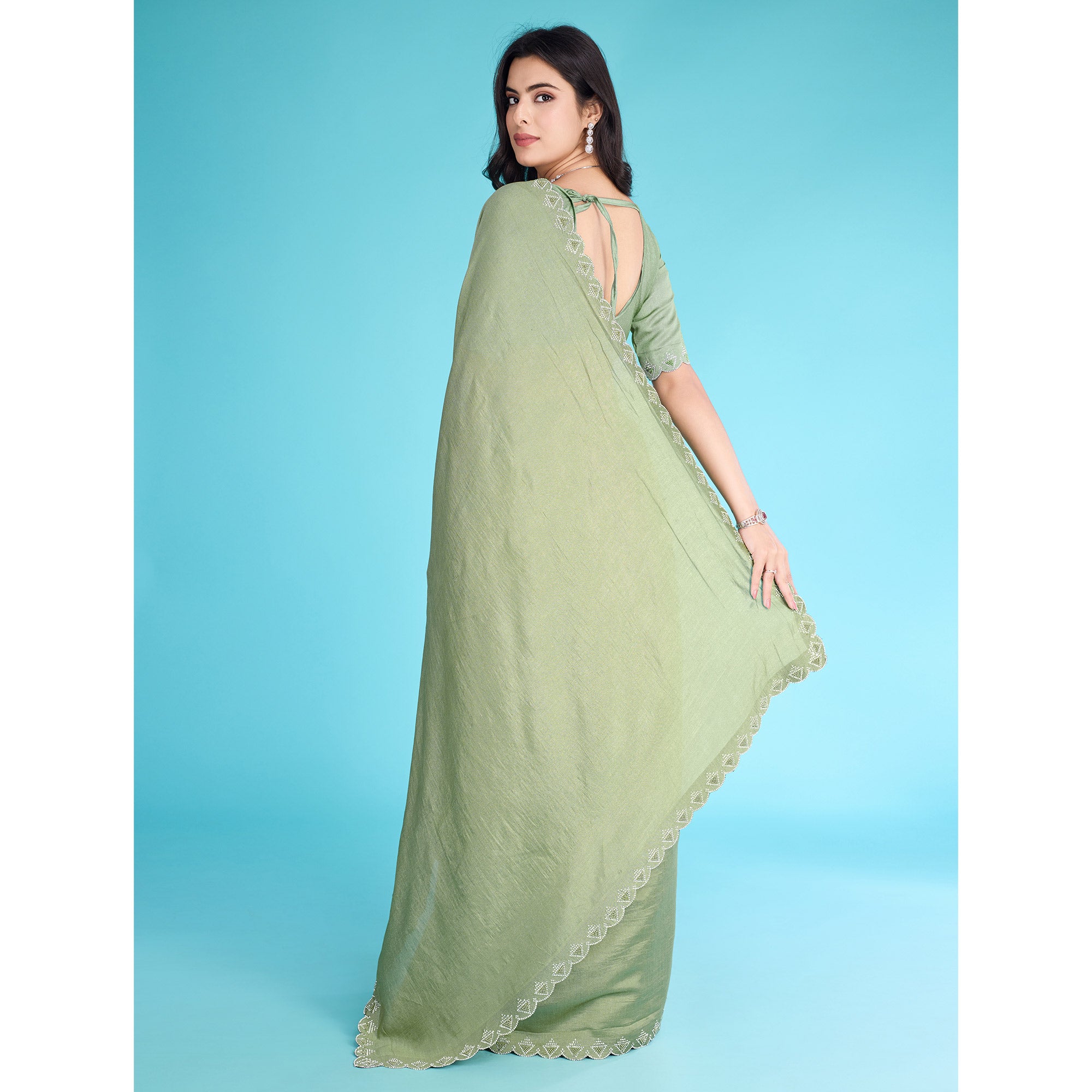 Green Solid With Zarkan & Pearl Diamond Lace Khadi Shimmer Saree