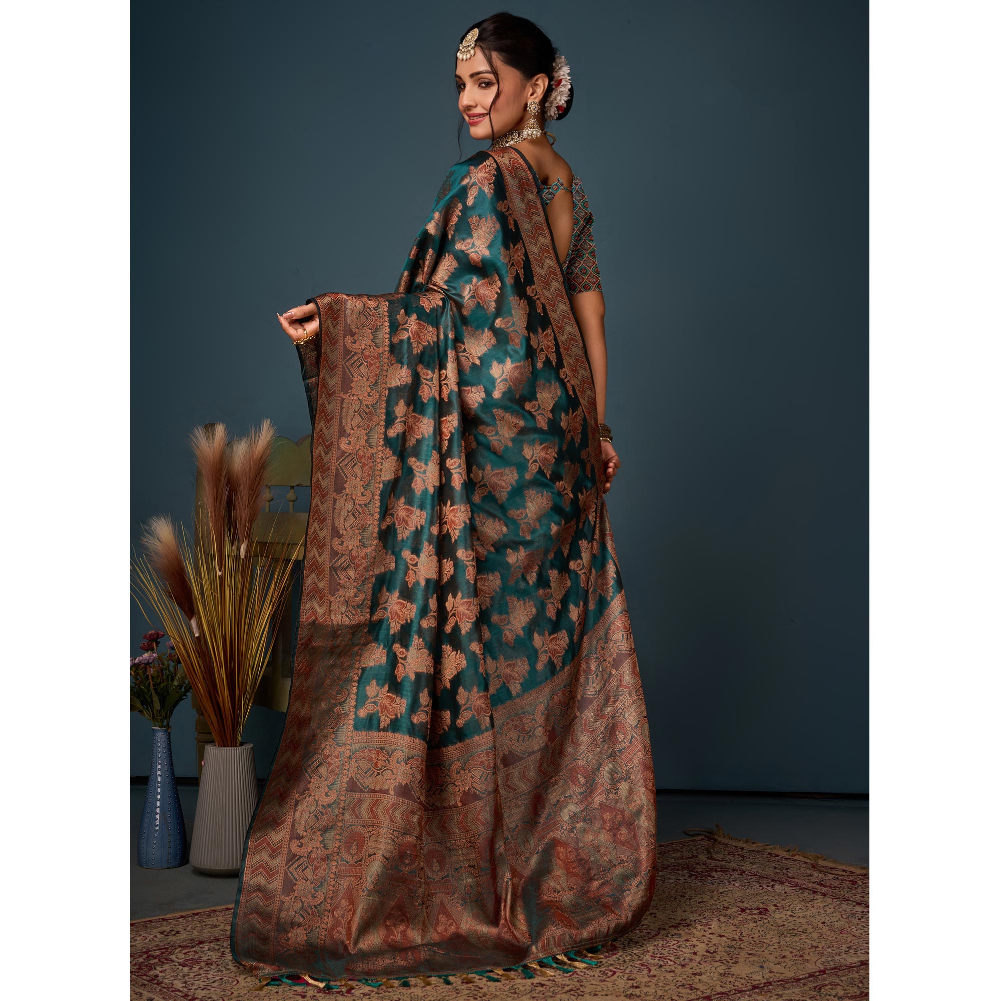 Rama Green Floral Woven Organza Saree With Tassels